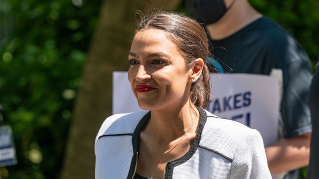 NEW YORK, UNITED STATES - 2021/06/05: U. S. Representative Alexandria Ocasio-Cortez seen at the rally where she endorsed progressive candidates in upcoming election for city wide offices in City Hall Park. All City Council candidates who took the "Courage to Change" pledge received endorsement by AOC. She also endorsed Brad Lander for City Comptroller and Jumaane Williams for City Public Advocate. Leaders from Citizens Action, Working Families Party (WFP), Sunrise Movement, Jews for Racial and Economic Justice (JFREJ), DSA, and other partners joined AOC at the rally. AOC made her top choice for Mayor: Maya Wiley. (Photo by Lev Radin/Pacific Press/LightRocket via Getty Images)