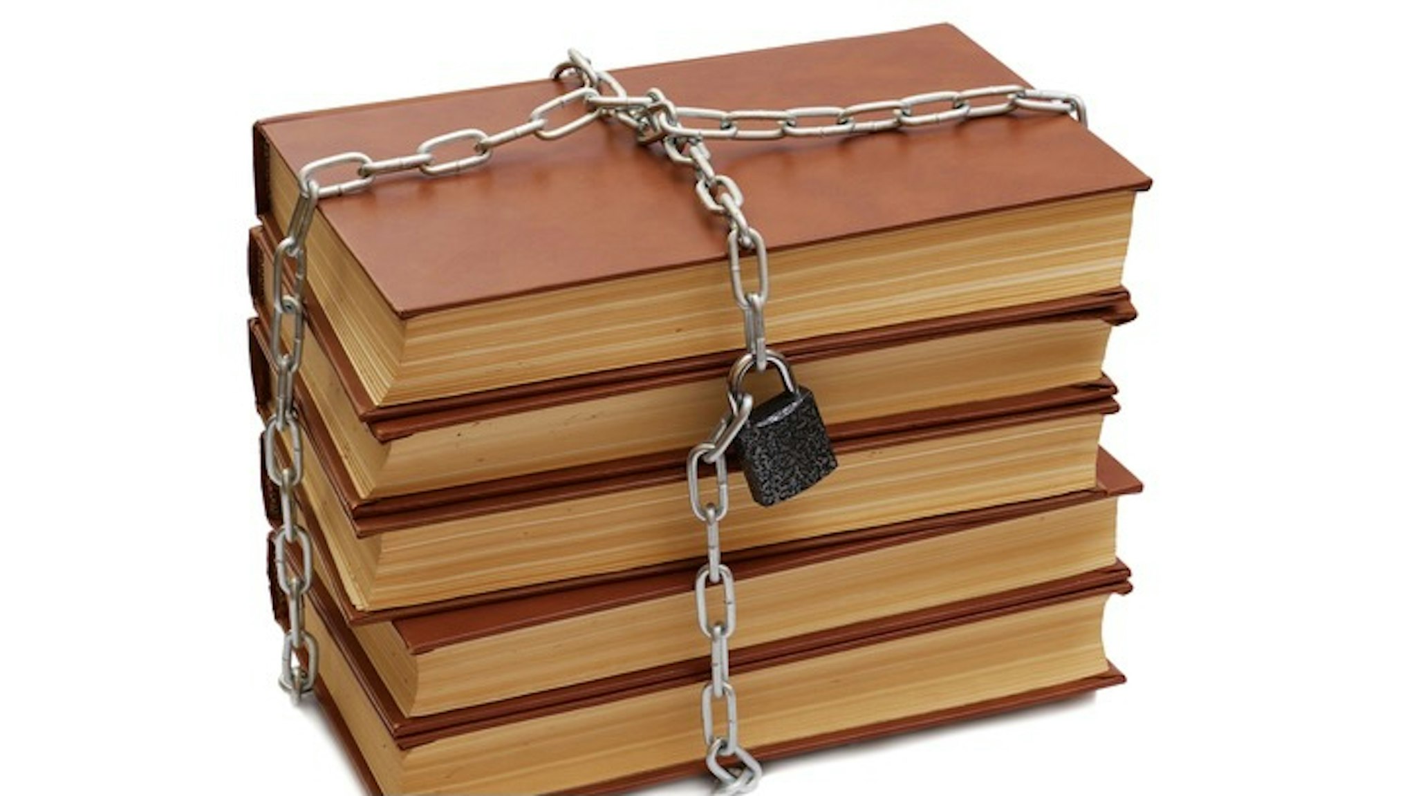 stack of books wrapped by chain with padlock isolated on white background - stock photo stack of books wrapped by chain with padlock isolated on white background asadykov via Getty Images