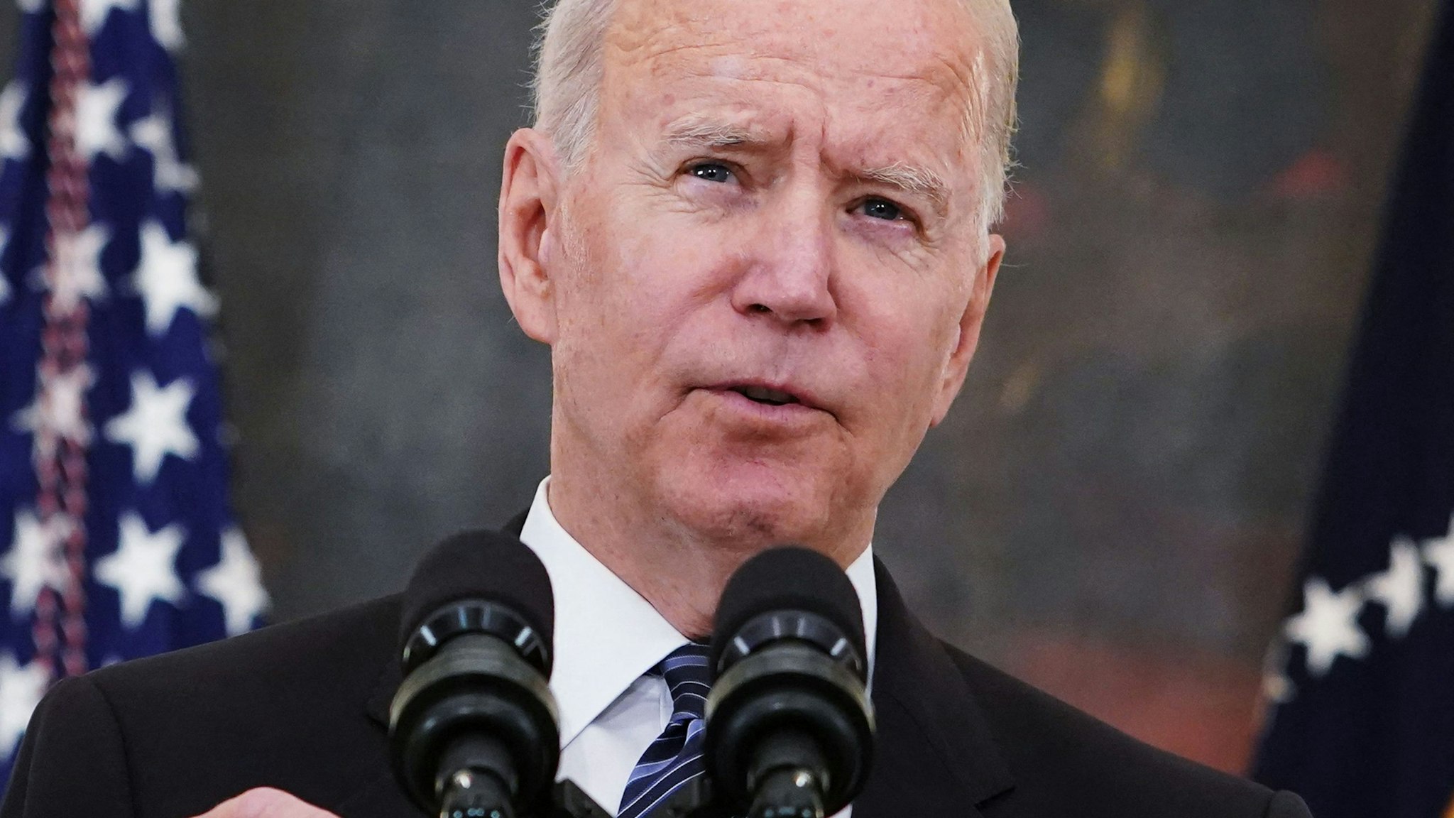 US President Joe Biden speaks about crime prevention, in the State Dining Room of the White House in Washington, DC on June 23, 2021. - President Biden unveiled new measures Wednesday to tackle gun violence against a backdrop of surging crime that his Republican rivals have seized on for weeks.