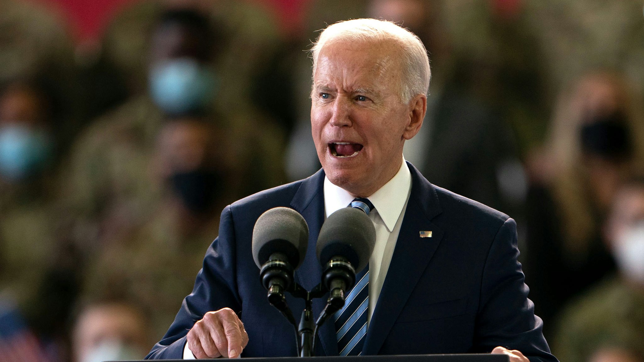 MILDENHALL, ENGLAND - JUNE 09: US President Joe Biden addresses US Air Force personnel at RAF Mildenhall in Suffolk, ahead of the G7 summit in Cornwall, on June 9, 2021 in Mildenhall, England. On June 11, Prime Minister Boris Johnson will host the Group of Seven leaders at a three-day summit in Cornwall, as the wealthiest nations look to chart a course for recovery from the global pandemic.