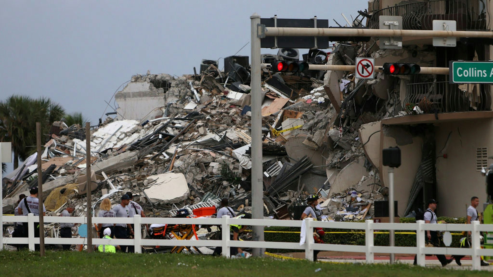 SURFSIDE, FLORIDA - JUNE 24: Rubble is piled high after the partial collapse of the 12-story Champlain Towers South condo building on June 24, 2021 in Surfside, Florida. It is unknown at this time how many people were injured as search-and-rescue effort continues with rescue crews from across Miami-Dade and Broward counties.