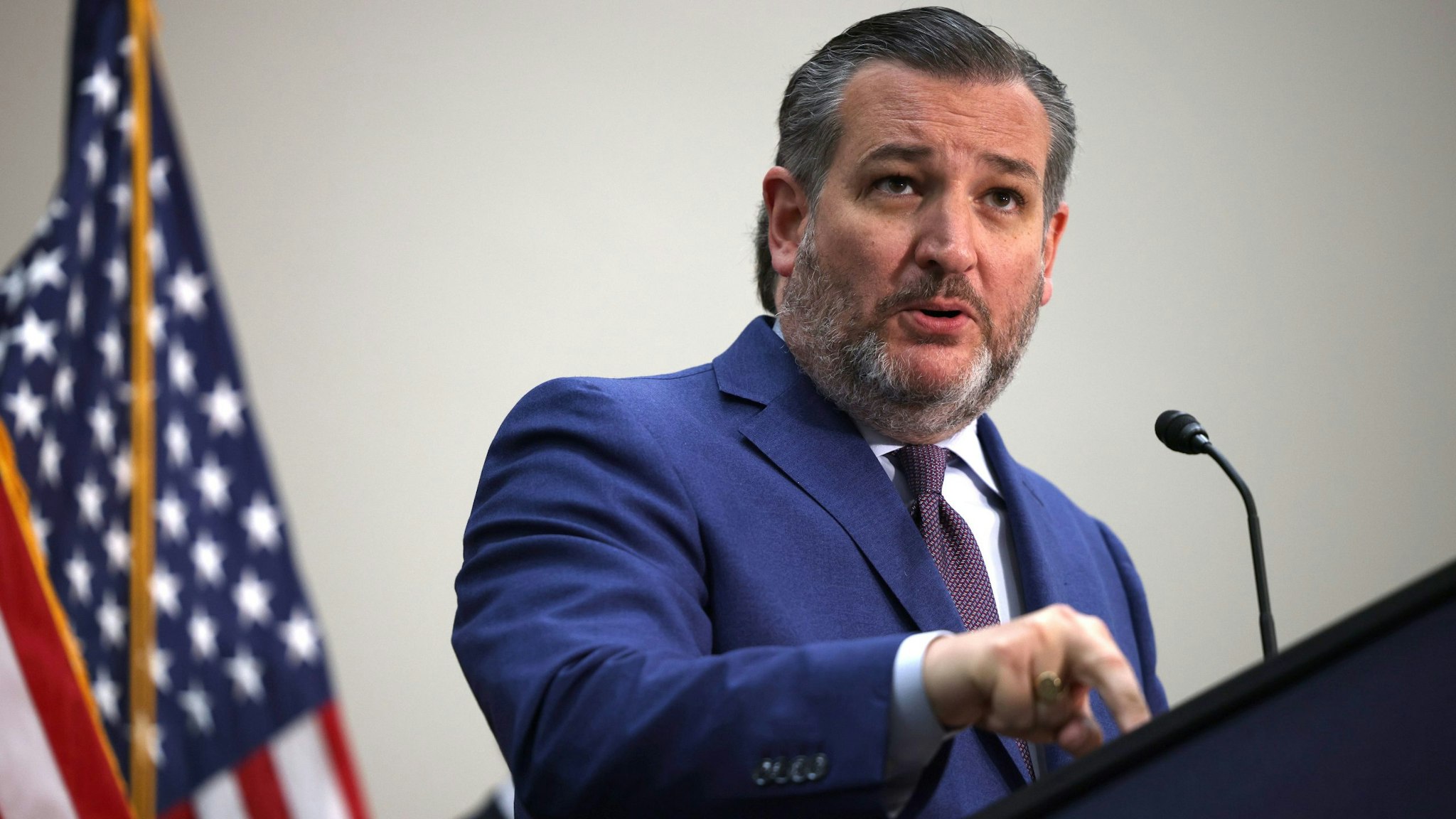 WASHINGTON, DC - MAY 12: Sen. Ted Cruz (R-TX) gestures as he speaks during a news conference on the U.S. Southern Border and President Joe Biden’s immigration policies, in the Hart Senate Office Building on May 12, 2021 in Washington, DC. Homeland Security Secretary Alejandro Mayorkas will testify on May 13 before the Senate Homeland Security and Governmental Affairs Committee on the DHS treatment of unaccompanied minors at the U.S. Southern border.