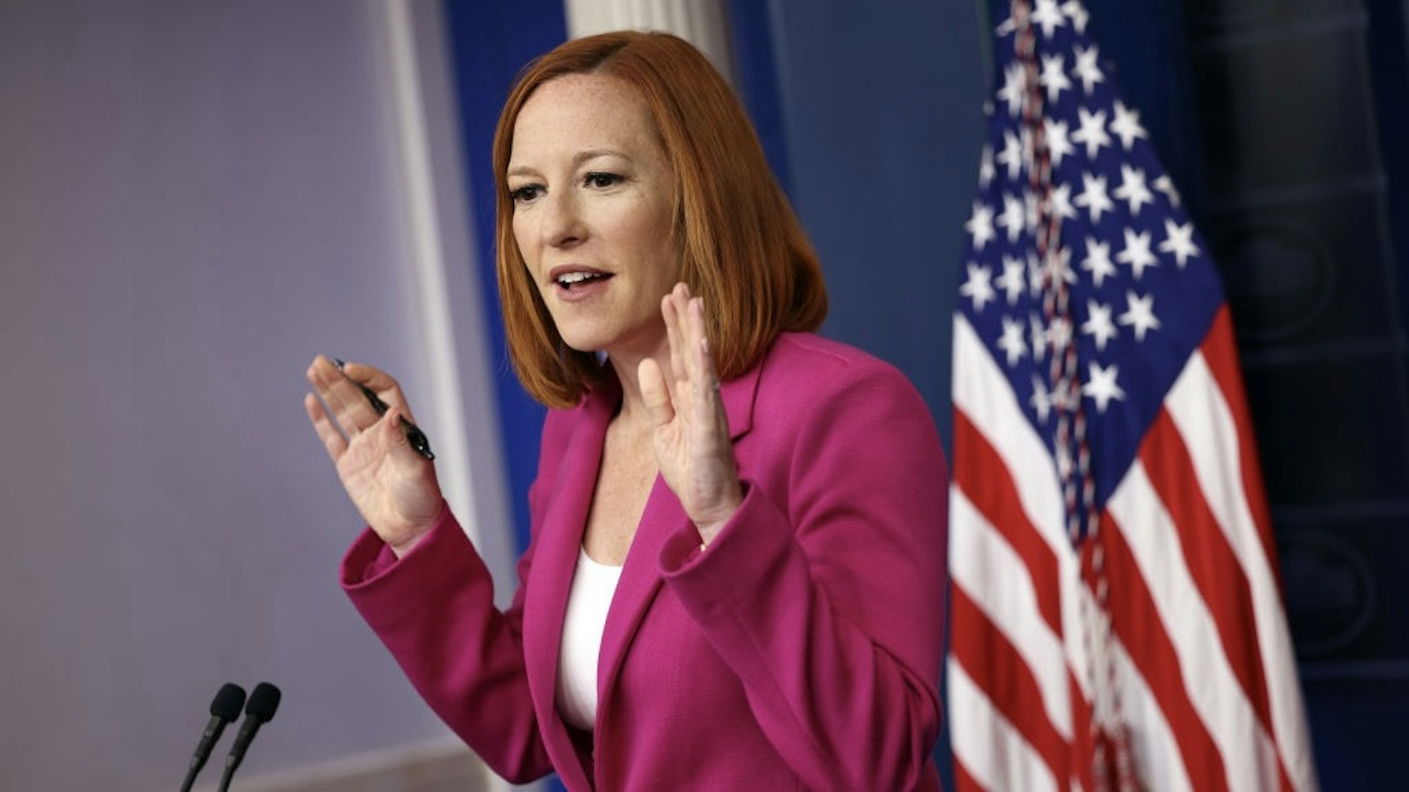 Press Secretary Jen Psaki Holds Daily Briefing At The White House WASHINGTON, DC - JUNE 22: White House Press Secretary Jen Psaki holds a press briefing at the White House on June 22, 2021 in Washington, DC. Psaki spoke on the voting reform bill and emergency preparedness for the upcoming hurricane season. (Photo by Kevin Dietsch/Getty Images) Kevin Dietsch / Staff via Getty Images