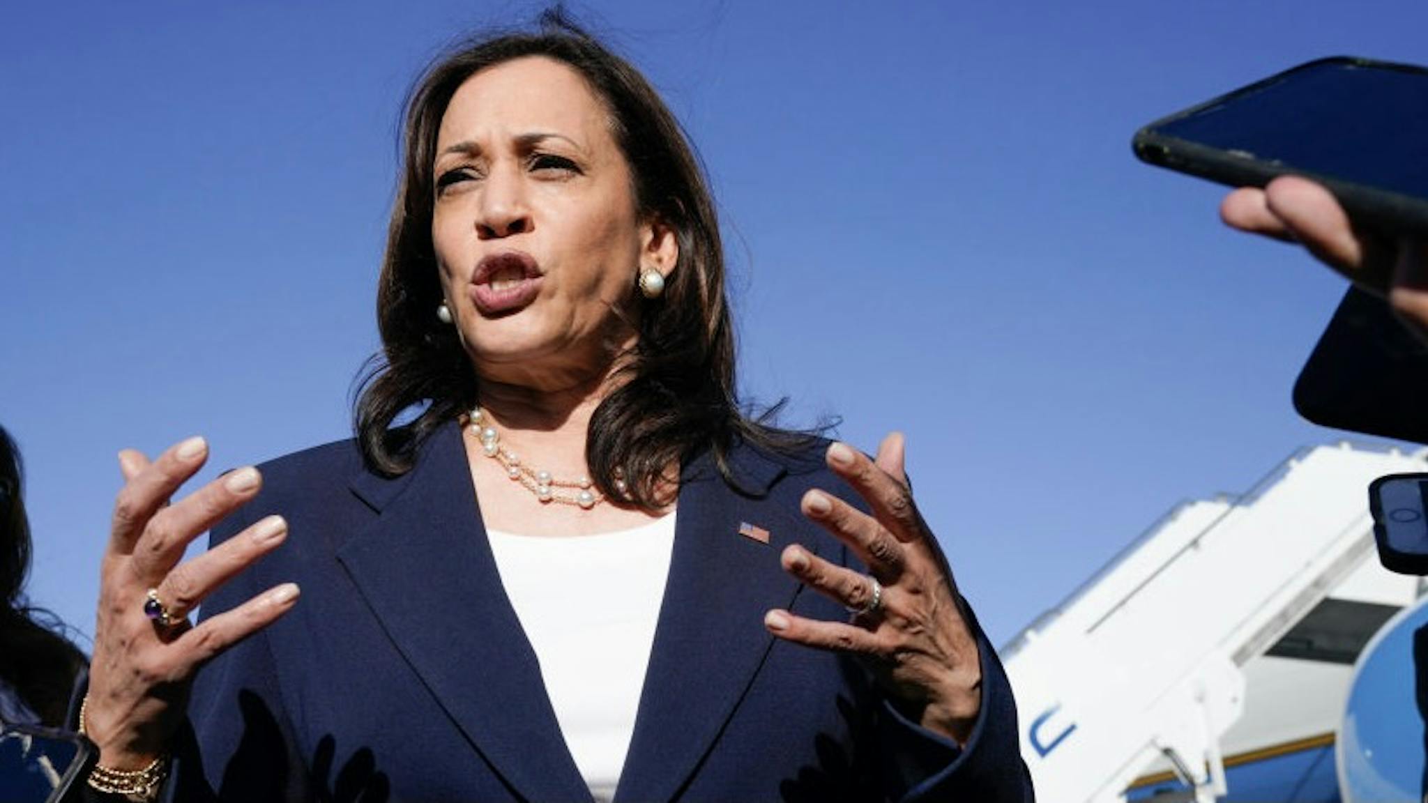 E47296BA-450B-46D7-A3D9-006CABCD6867_1_201_a Vice President Harris Tours El Paso Border Patrol Station U.S. Vice President Kamala Harris speaks to members of the media as she arrives at the El Paso International Airport in El Paso, Texas, U.S., on Friday, June 25, 2021. The vice president's visit to the southern border comes after months of denunciations from Republicans, as well as frustration from some Democrats, for not having gone to the border after being chosen to address the root causes of migration from Central America to the U.S. Photographer: Yuri Gripas/Abaca/Bloomberg via Getty Images Bloomberg / Contributor via Getty Images