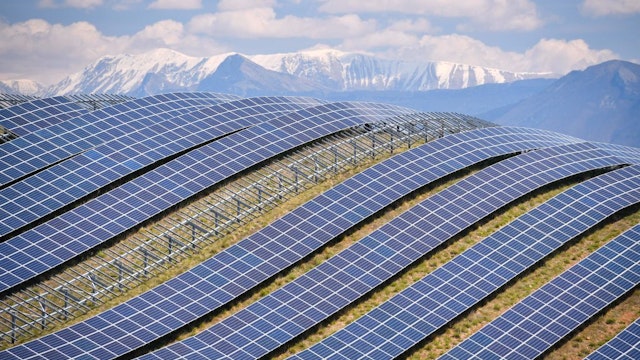 A general view shows the photovoltaic solar pannels at the power plant in La Colle des Mees, Alpes de Haute Provence, southeastern France, on April 17, 2019. - The 112,000 solar panels cover an area of 200 hectares with a total capacity of 100MW. (Photo by GERARD JULIEN / AFP) (Photo credit should read GERARD JULIEN/AFP via Getty Images)