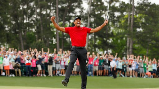 The Masters – Final Round AUGUSTA, GEORGIA - APRIL 14: Tiger Woods of the United States celebrates after sinking his putt on the 18th green to win during the final round of the Masters at Augusta National Golf Club on April 14, 2019 in Augusta, Georgia. (Photo by Kevin C. Cox/Getty Images)