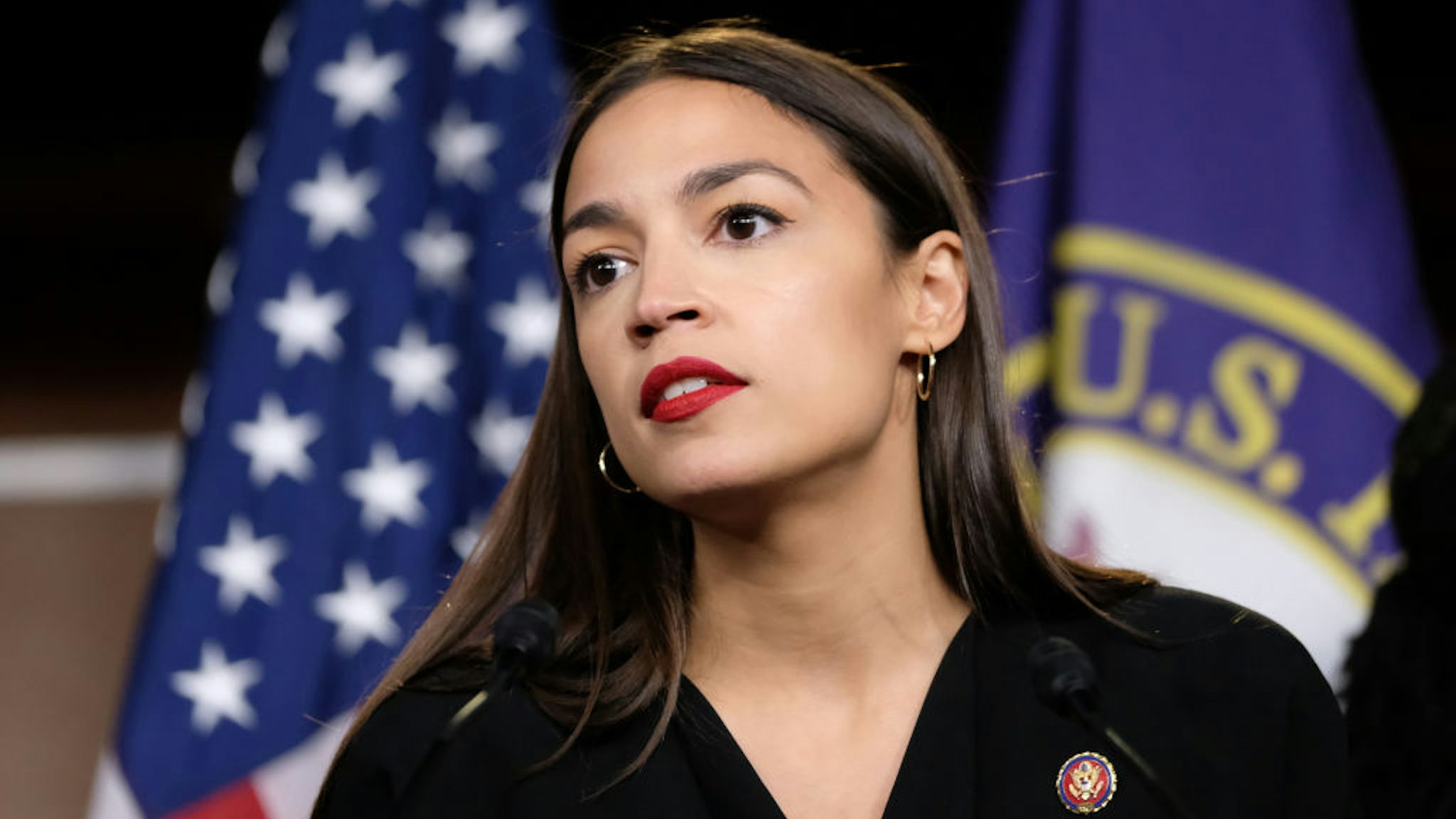 WASHINGTON, DC - JULY 15: U.S. Rep. Alexandria Ocasio-Cortez (D-NY) pauses while speaking during a press conference at the U.S. Capitol on July 15, 2019 in Washington, DC. President Donald Trump stepped up his attacks on four progressive Democratic congresswomen, saying if they're not happy in the United States "they can leave." (Photo by Alex Wroblewski/Getty Images)