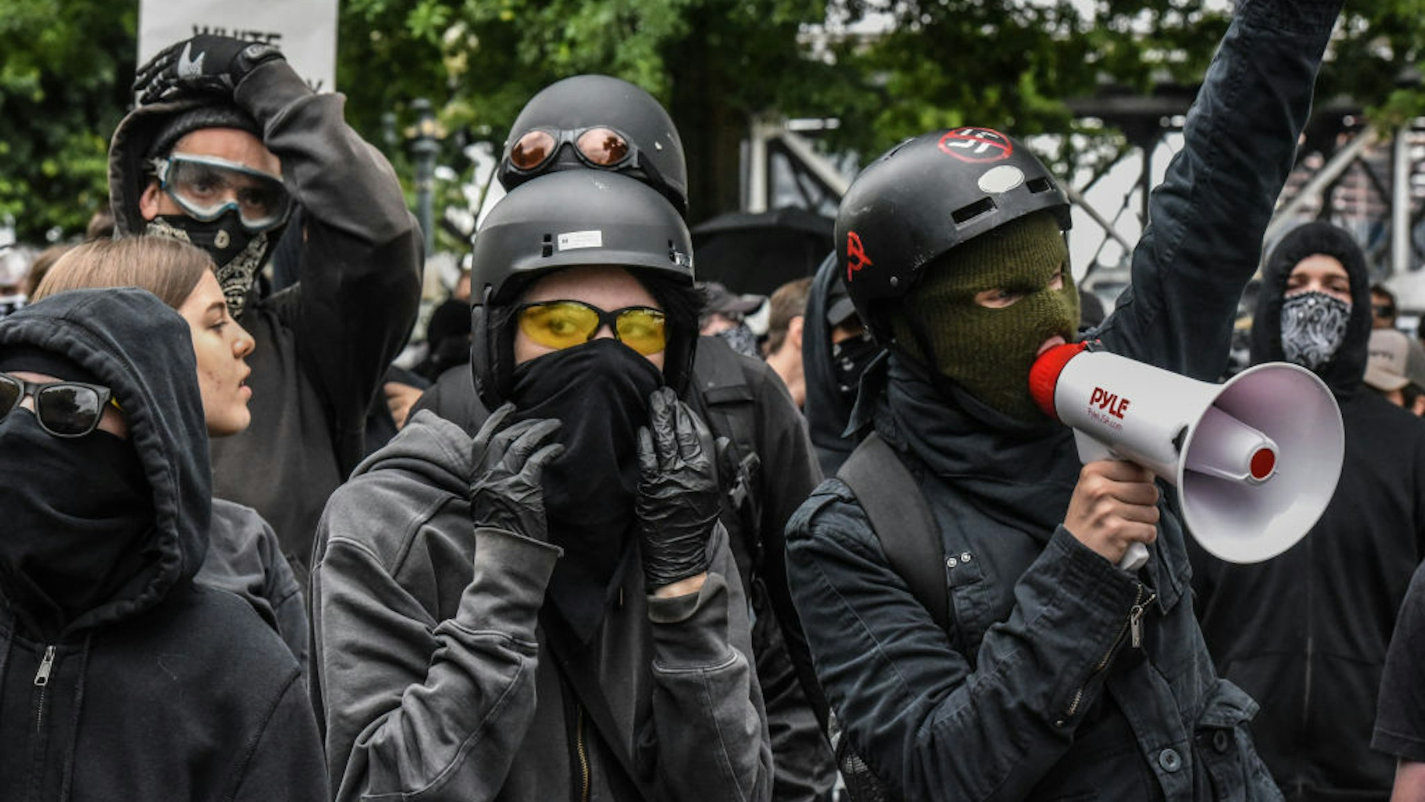 PORTLAND, OR - AUGUST 17: Counter-protesters wear black clothes during an Antifa gathering during an alt-right rally on August 17, 2019 in Portland, Oregon. Anti-fascism demonstrators gathered to counter-protest a rally held by far-right, extremist groups. (Photo by Stephanie Keith/Getty Images)