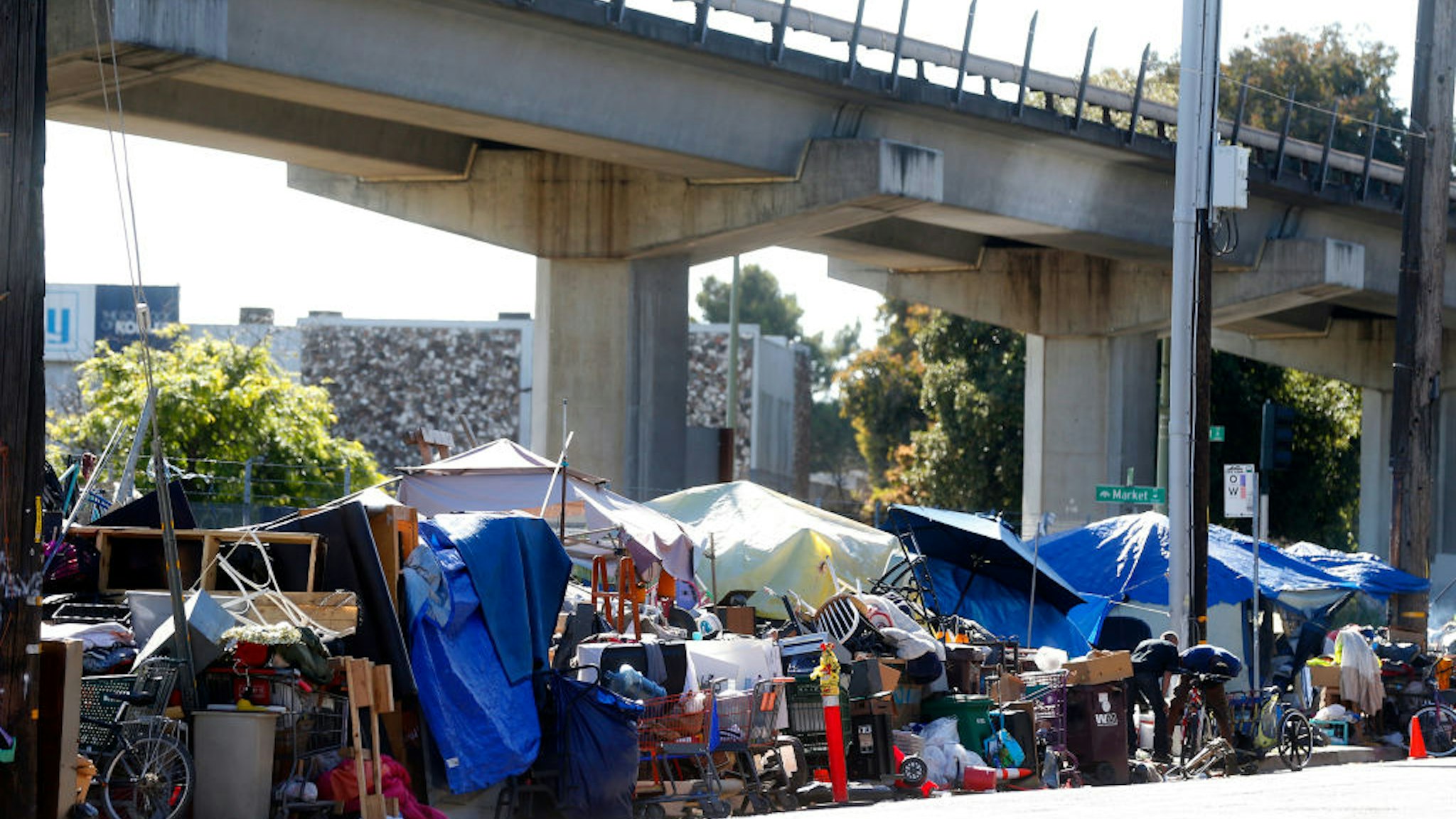 A homeless camp at Market Street and 5th Street is photographed on Thursday, May 18, 2017, in Oakland, Calif. (Aric Crabb/Bay Area News Group) (camp 20) (Photo by MediaNews Group/Bay Area News via Getty Images)