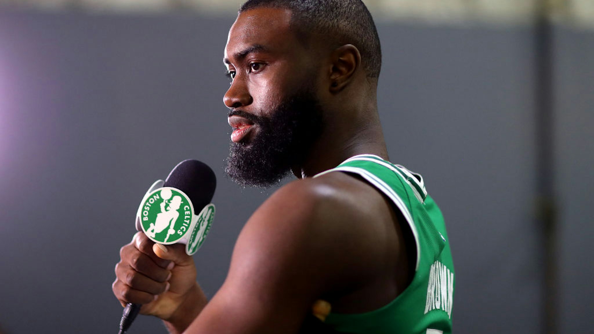 CANTON, MASSACHUSETTS - SEPTEMBER 30: Jaylen Brown #7 answers question during an interview on Celtics Media Day at High Output Studios on September 30, 2019 in Canton, Massachusetts. (Photo by Maddie Meyer/Getty Images)