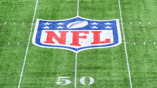 LONDON, ENGLAND - OCTOBER 13: Detailed view of the NFL logo on the pitch during the NFL match between the Carolina Panthers and Tampa Bay Buccaneers at Tottenham Hotspur Stadium on October 13, 2019 in London, England. (Photo by Alex Burstow/Getty Images)