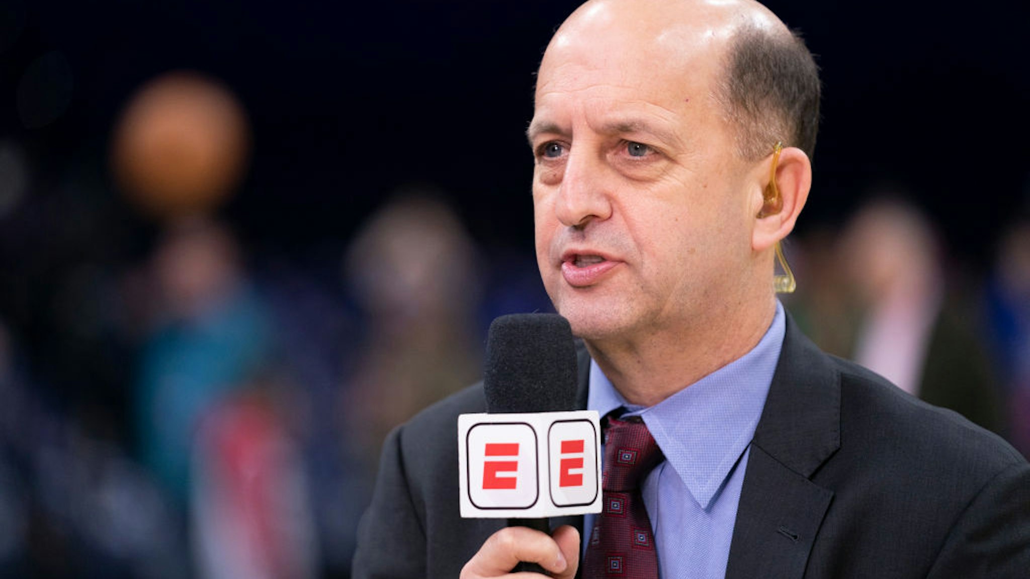 PHILADELPHIA, PA - DECEMBER 18: ESPN analyst Jeff Van Gundy talks prior to the game between the Miami Heat and Philadelphia 76ers at the Wells Fargo Center on December 18, 2019 in Philadelphia, Pennsylvania. NOTE TO USER: User expressly acknowledges and agrees that, by downloading and/or using this photograph, user is consenting to the terms and conditions of the Getty Images License Agreement. (Photo by Mitchell Leff/Getty Images)