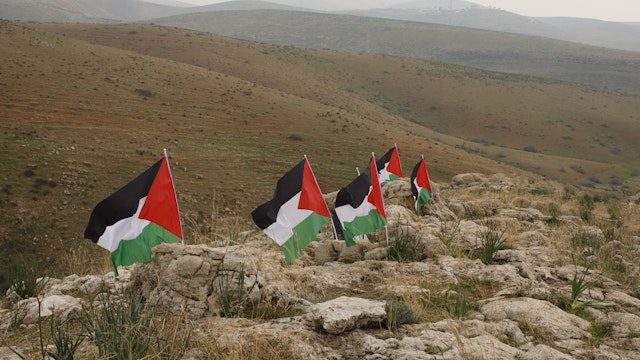 Palestinian flags stand in the Jordan Valley, West Bank.