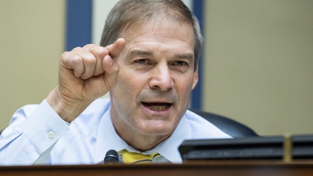 WASHINGTON, DC - AUGUST 24: Representative Jim Jordan, (R-OH), questions U.S. Postal Service Postmaster General Louis DeJoy during a hearing before the House Oversight and Reform Committee on August 24, 2020 on Capitol Hill in Washington, DC. The committee is holding a hearing on "Protecting the Timely Delivery of Mail, Medicine, and Mail-in Ballots."