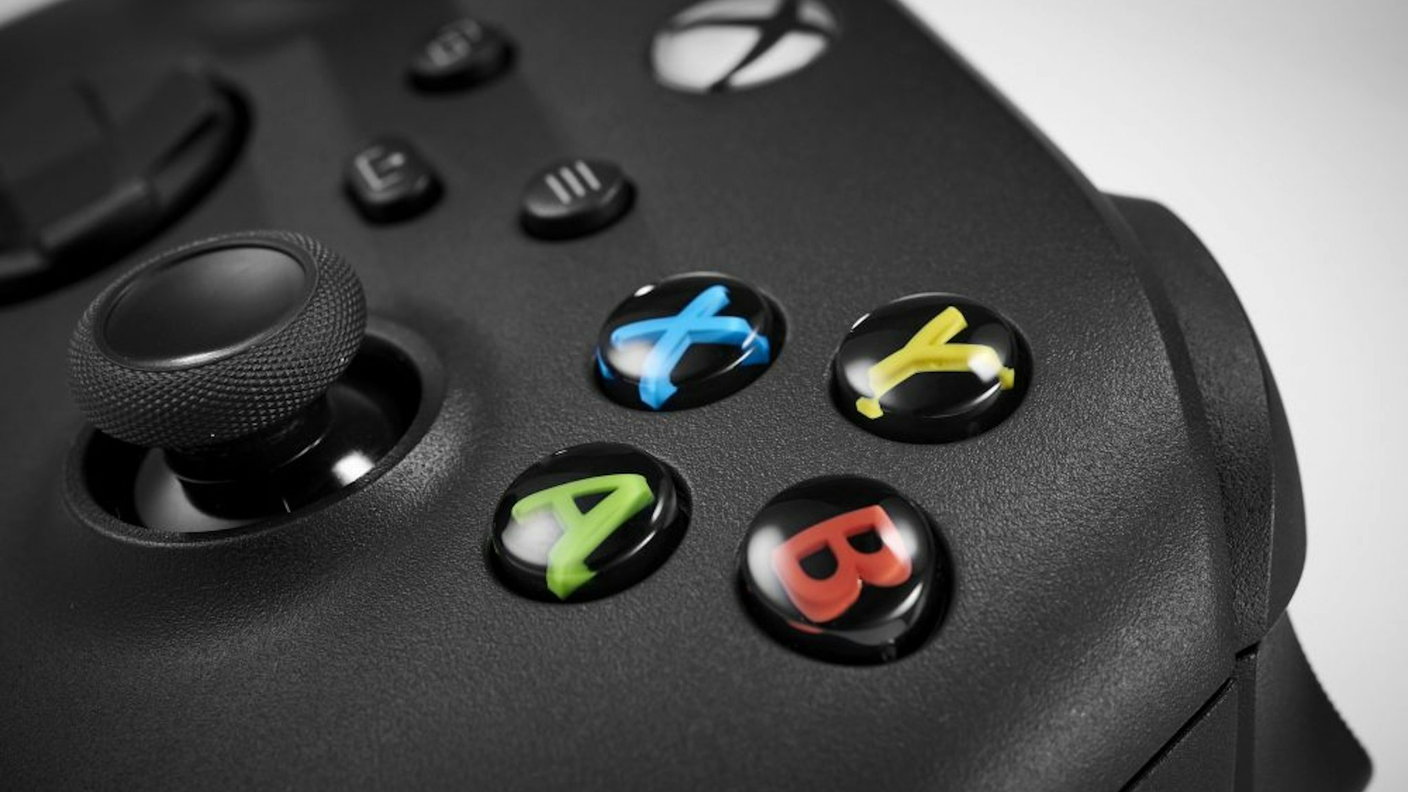 Detail of the buttons on a Microsoft Xbox Series X wireless controller, taken on October 9, 2020.