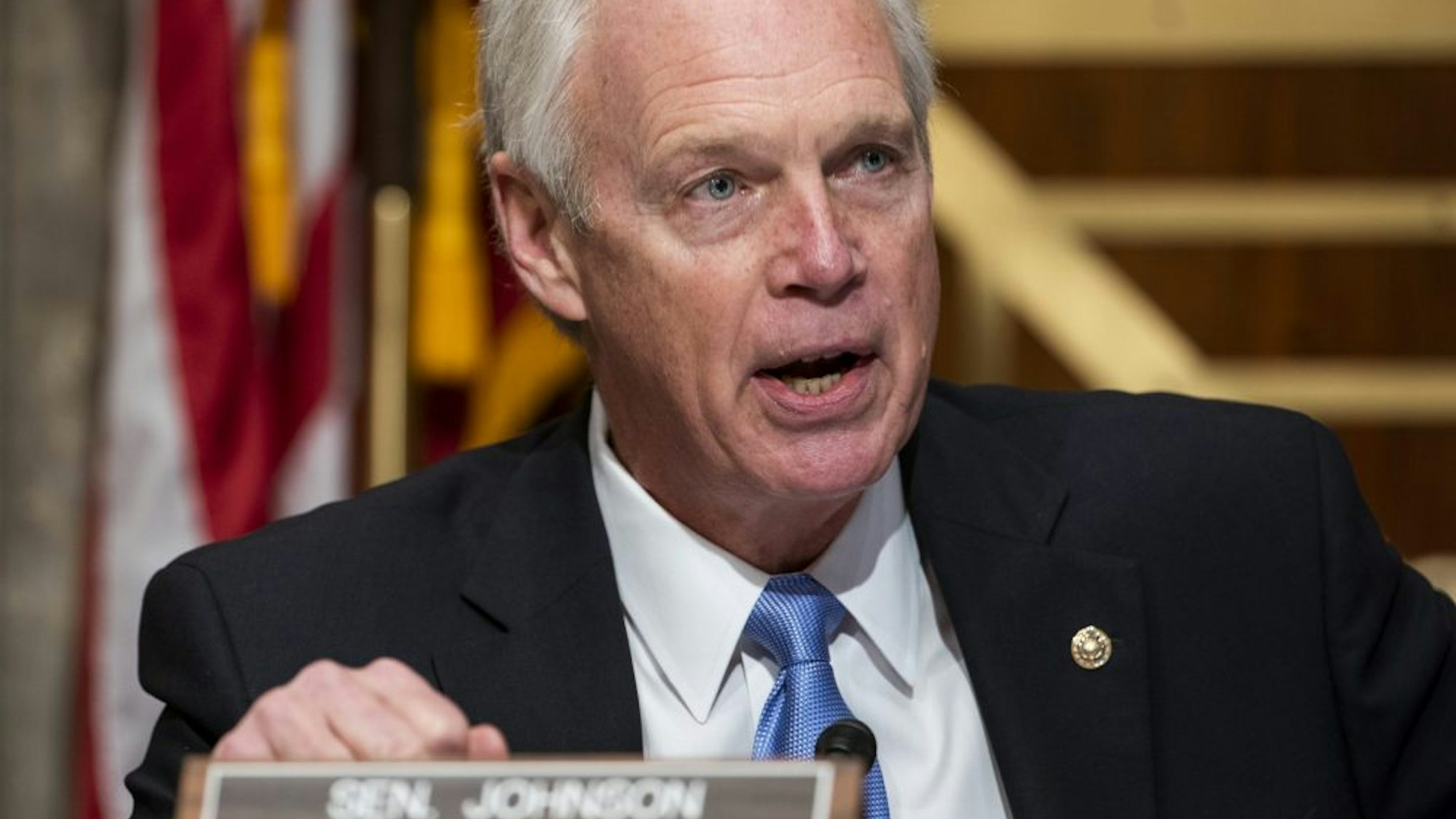 WASHINGTON, DC - DECEMBER 16: Senate Homeland Security and Governmental Affairs Committee Chairman, Sen. Ron Johnson (R-WI) argues with Democratic Senator from Michigan Gary Peters (not pictured) during a hearing to examine claims of voter irregularities in the 2020 election in the Dirksen Senate Office Building on December 16, 2020 in Washington, DC. U.S. President Donald Trump continues to push baseless claims of voter fraud during the presidential election, which the Department of Homeland Security called the most secure in American history.