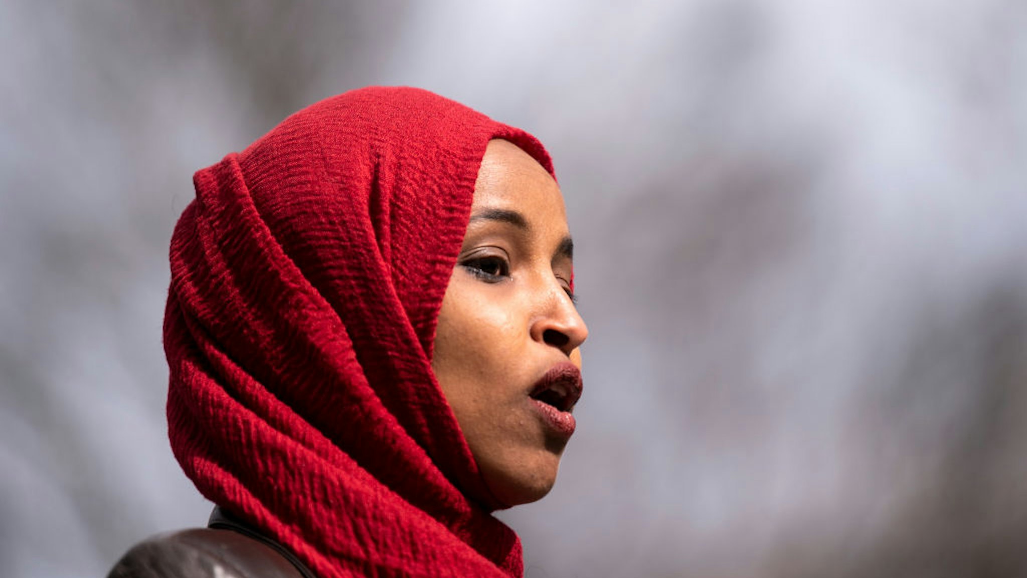 BROOKLYN CENTER, MN - APRIL 20: Rep. Ilhan Omar (D-MN) speaks during a press conference at a memorial for Daunte Wright on April 20, 2021 in Brooklyn Center, Minnesota. Twenty-year-old Daunte Wright was shot and killed during a traffic stop on April 11, 2021 by Brooklyn Center police officer Kim Potter, who has since resigned and been charged with second-degree manslaughter. (Photo by Stephen Maturen/Getty Images)