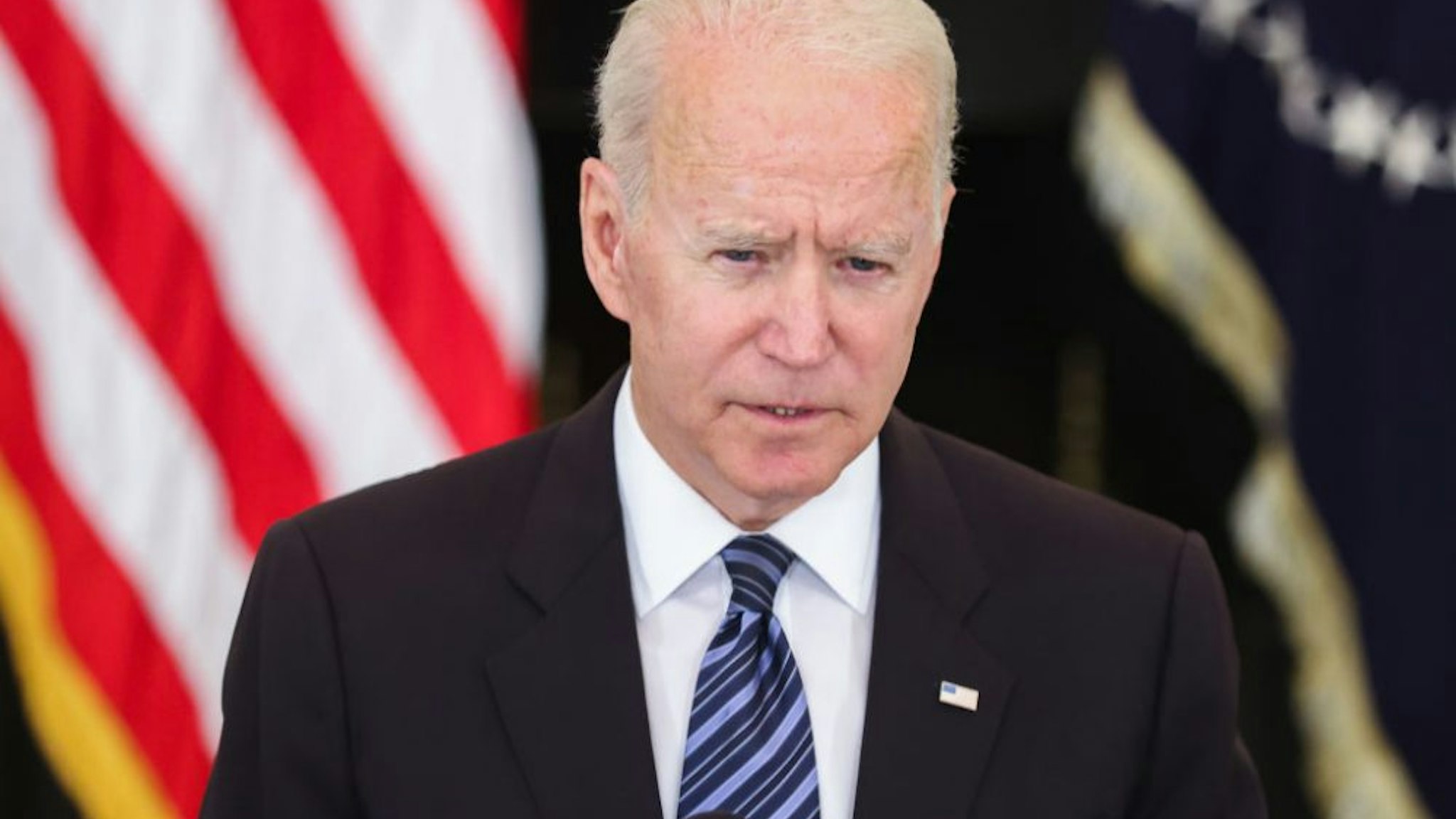 U.S. President Joe Biden speaks in the Roosevelt Room of the White House in Washington, D.C., U.S., on Wednesday, June 23, 2021. Biden will launch a comprehensive plan to curb gun crime, including by allowing states and municipalities to tap into coronavirus relief funding to hire police officers under certain circumstances.