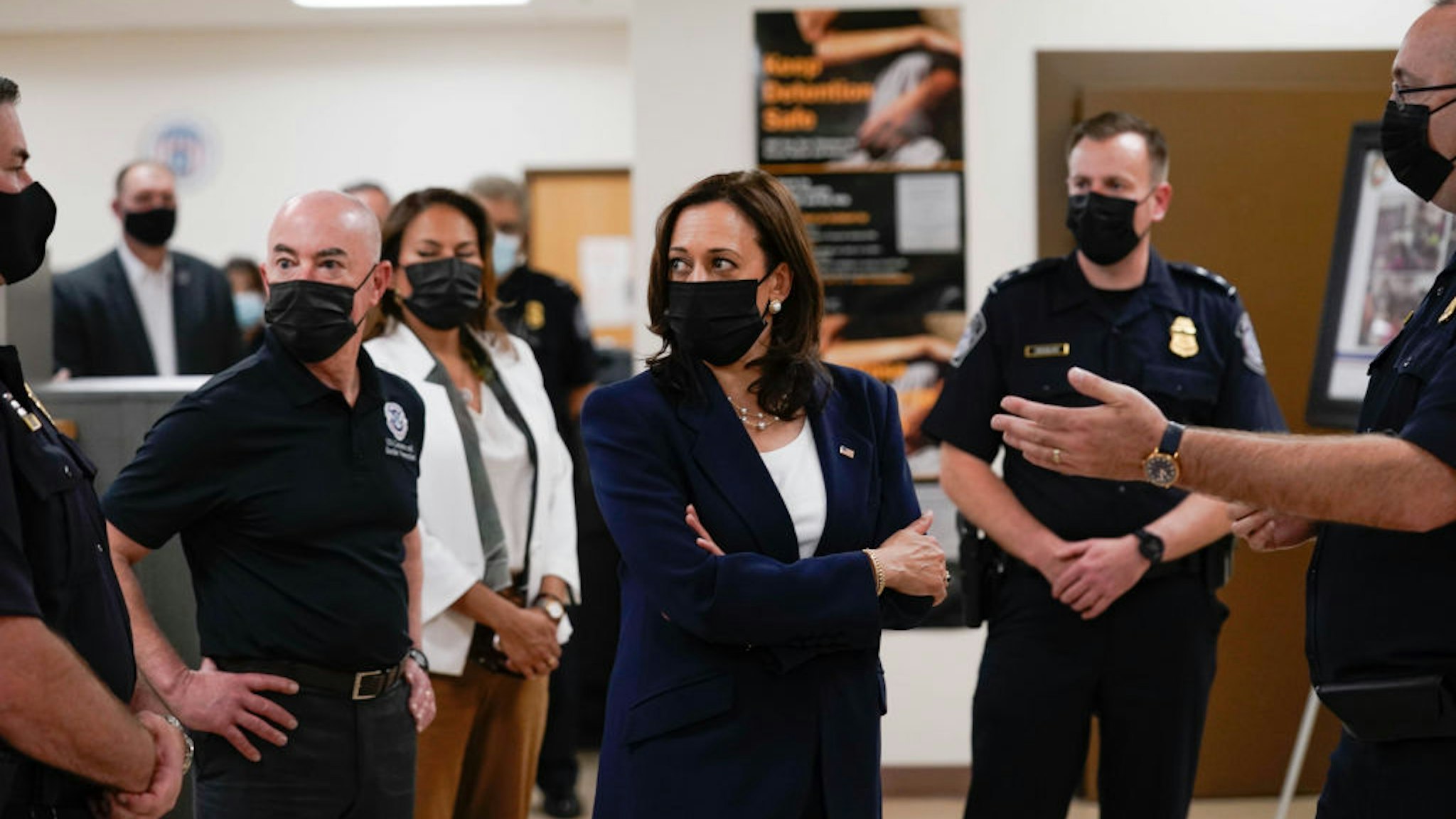 U.S. Vice President Kamala Harris, right, and Alejandro Mayorkas, secretary of the U.S. Department of Homeland Security, tour the Paso del Norte Port of Entry in El Paso, Texas, U.S., on Friday, June 28, 2021. The vice president's visit to the southern border comes after months of denunciations from Republicans, as well as frustration from some Democrats, for not having gone to the border after being chosen to address the root causes of migration from Central America to the U.S. Photographer: Yuri Gripas/Abaca/Bloomberg via Getty Images