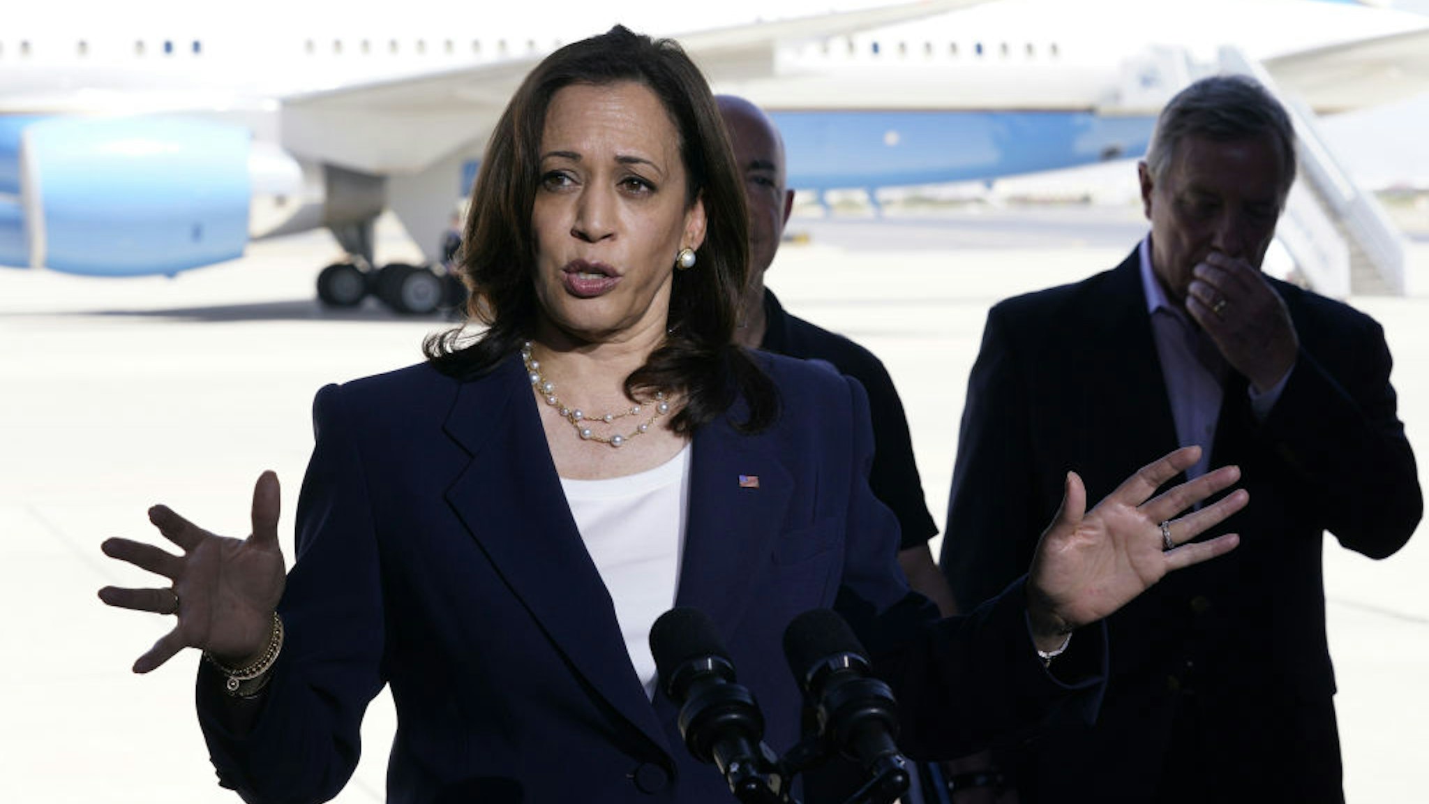 U.S. Vice President Kamala Harris speaks during a news conference at the El Paso International Airport in El Paso, Texas, U.S., on Friday, June 25, 2021. The vice president's visit to the southern border comes after months of denunciations from Republicans, as well as frustration from some Democrats, for not having gone to the border after being chosen to address the root causes of migration from Central America to the U.S. Photographer: Yuri Gripas/Abaca/Bloomberg via Getty Images
