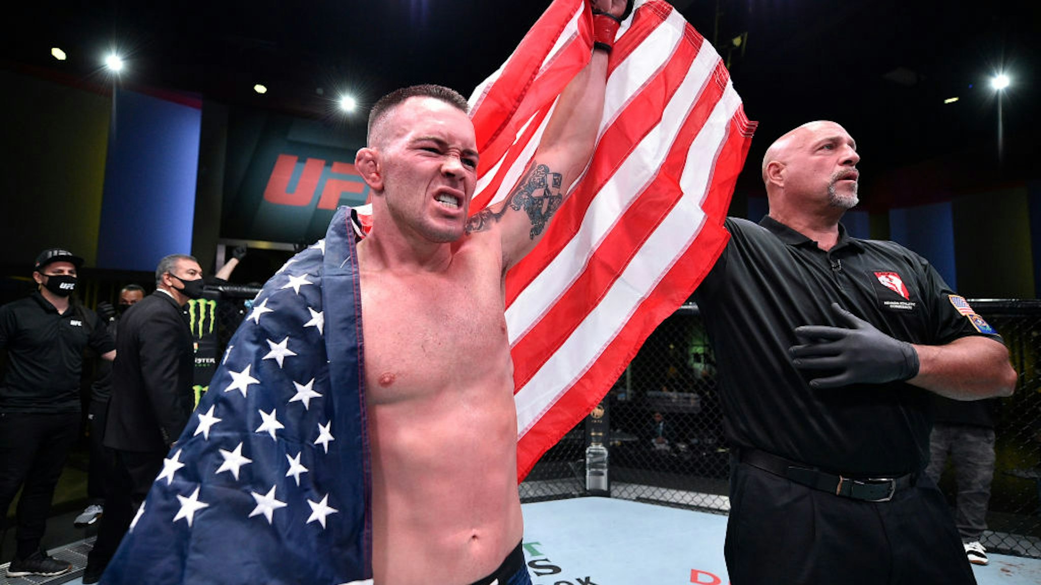 LAS VEGAS, NEVADA - SEPTEMBER 19: Colby Covington reacts after his TKO victory over Tyron Woodley in their welterweight bout during the UFC Fight Night event at UFC APEX on September 19, 2020 in Las Vegas, Nevada. (Photo by Chris Unger/Zuffa LLC)