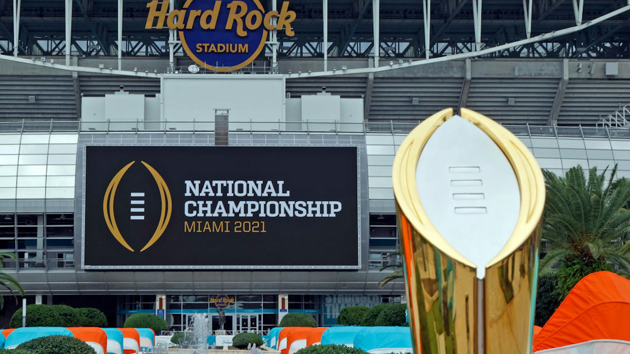 MIAMI GARDENS, FLORIDA - NOVEMBER 11: The College Football Playoff National Championship Trophy is displayed at Hard Rock Stadium on November 11, 2020 in Miami Gardens, Florida. The Championship game will be played at Hard Rock Stadium on January 11, 2021. (Photo by Joel Auerbach/Getty Images)