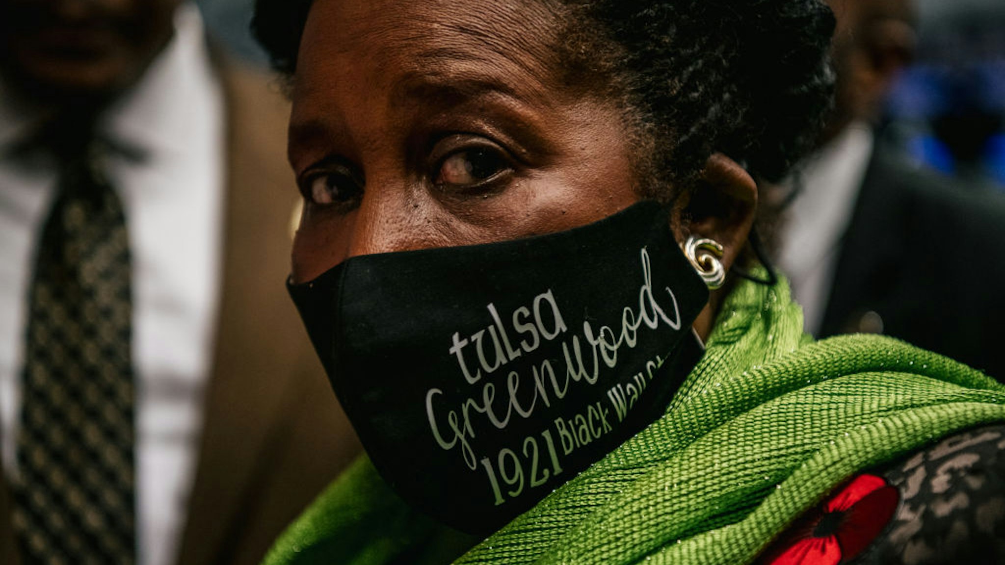 U.S. Rep. Shelia Jackson Lee (D-TX) listens at a rally during commemorations of the 100th anniversary of the Tulsa Race Massacre on June 01, 2021 in Tulsa, Oklahoma.
