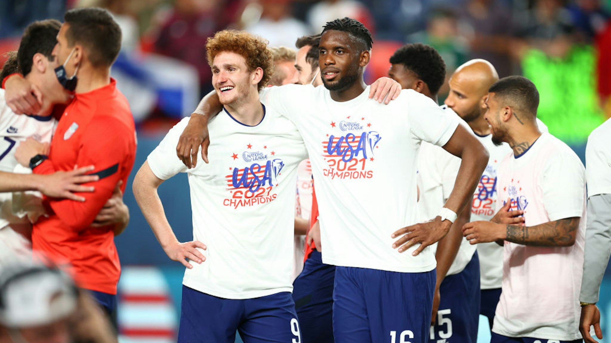 DENVER, CO - JUNE 6: Josh Sargent #9 and Jordan Siebatcheu #16 of the United States celebrate their win over Mexico in the Nations League Final during a game between Mexico and USMNT at Empower Field at Mile High on June 6, 2021 in Denver, Colorado. (Photo by Jamie Schwaberow/ISI Photos/Getty Images)