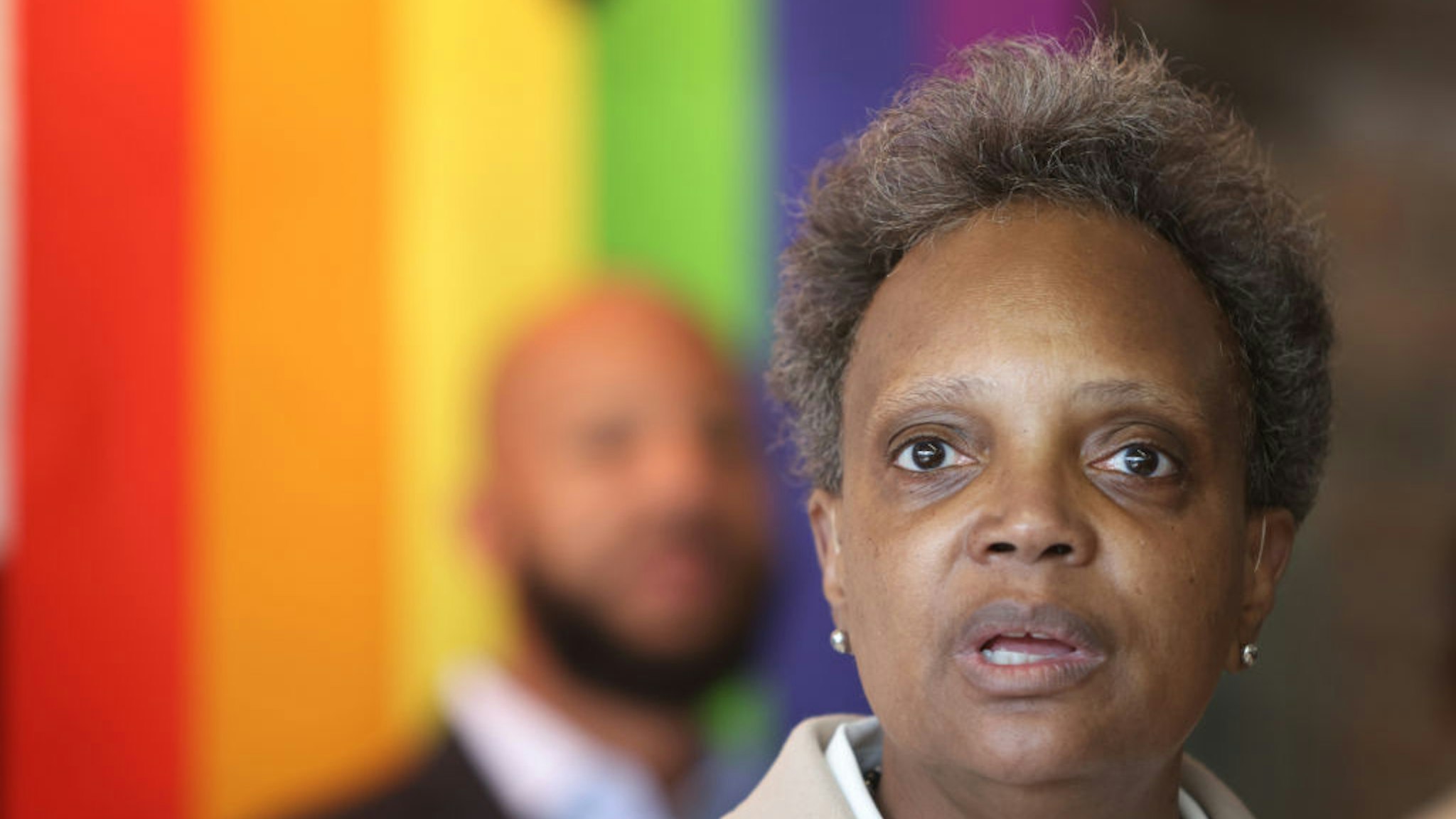 Chicago Mayor Lori Lightfoot speaks to guests at an event held to celebrate Pride Month at the Center on Halstead, a lesbian, gay, bisexual, and transgender community center, on June 07, 2021 in Chicago, Illinois.