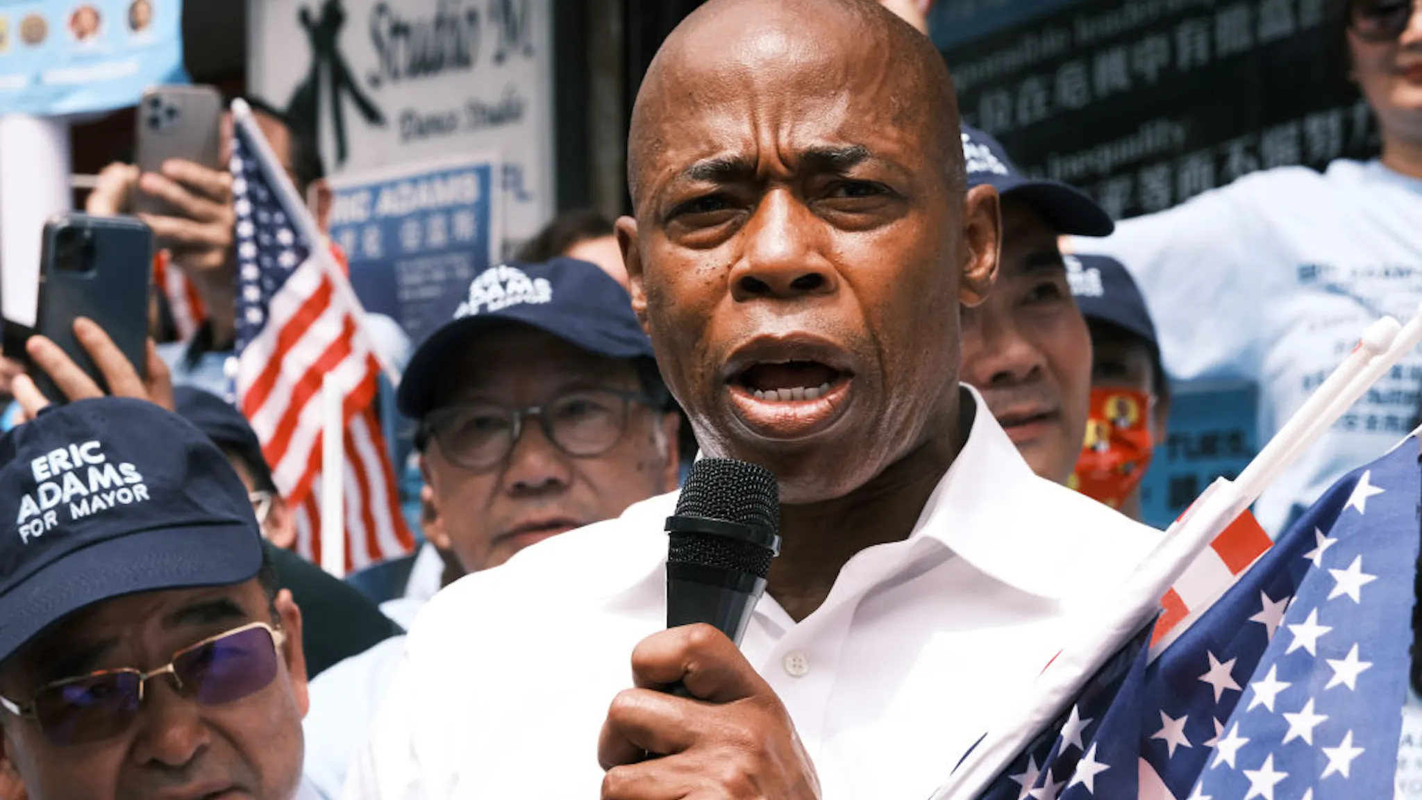 Eric Adams NEW YORK, NEW YORK - JUNE 08: Brooklyn Borough President Eric Adams, who's running as a Democratic mayoral candidate, appears in Flushing, Queens to open a new campaign office on June 8, 2021 in the Queens borough of New York City. In a new poll, crime has become a central issue for many New Yorkers leading to a rise in support for Adams, a retired police captain. (Photo by Spencer Platt/Getty Images)