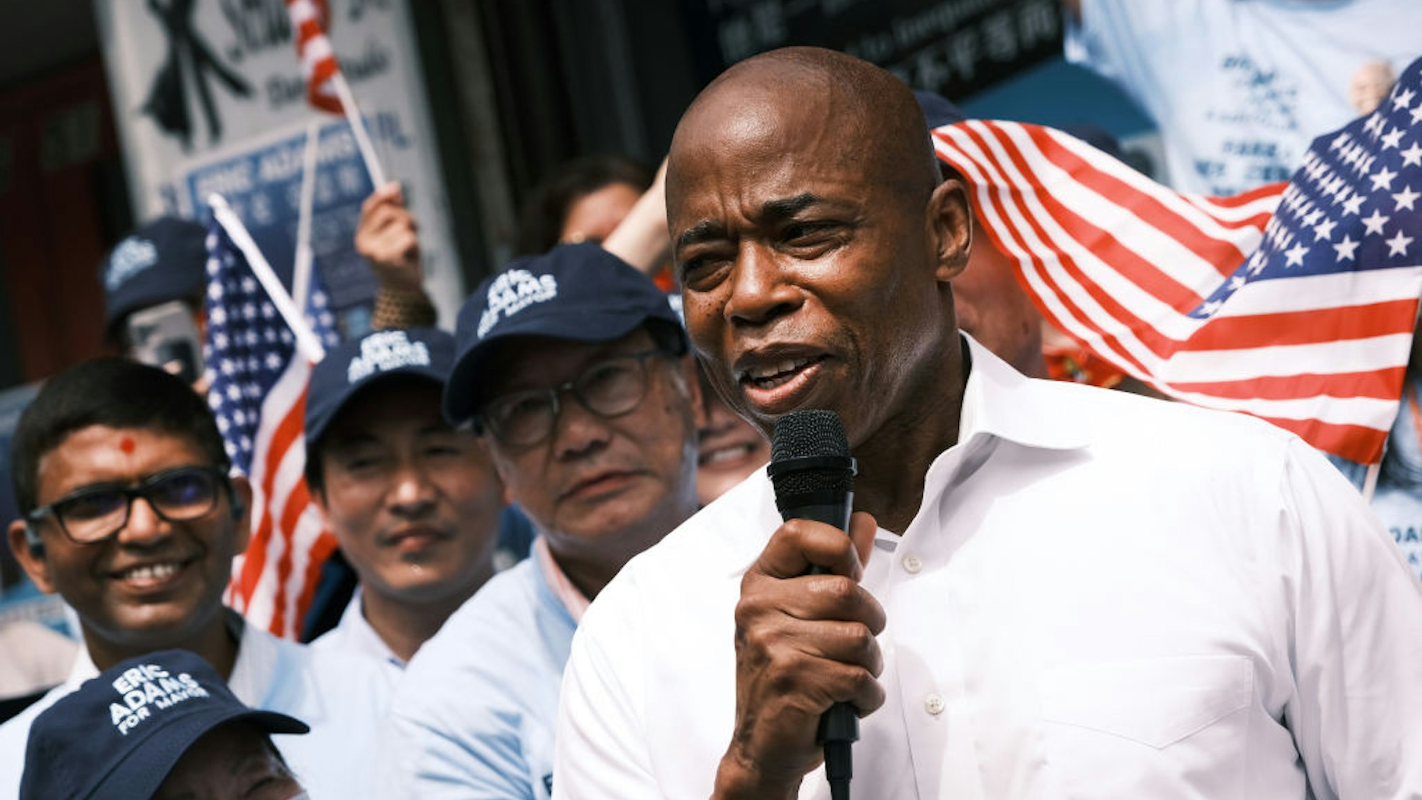 Brooklyn Borough President Eric Adams, who's running as a Democratic mayoral candidate, appears in Flushing, Queens to open a new campaign office on June 8, 2021 in the Queens borough of New York City.