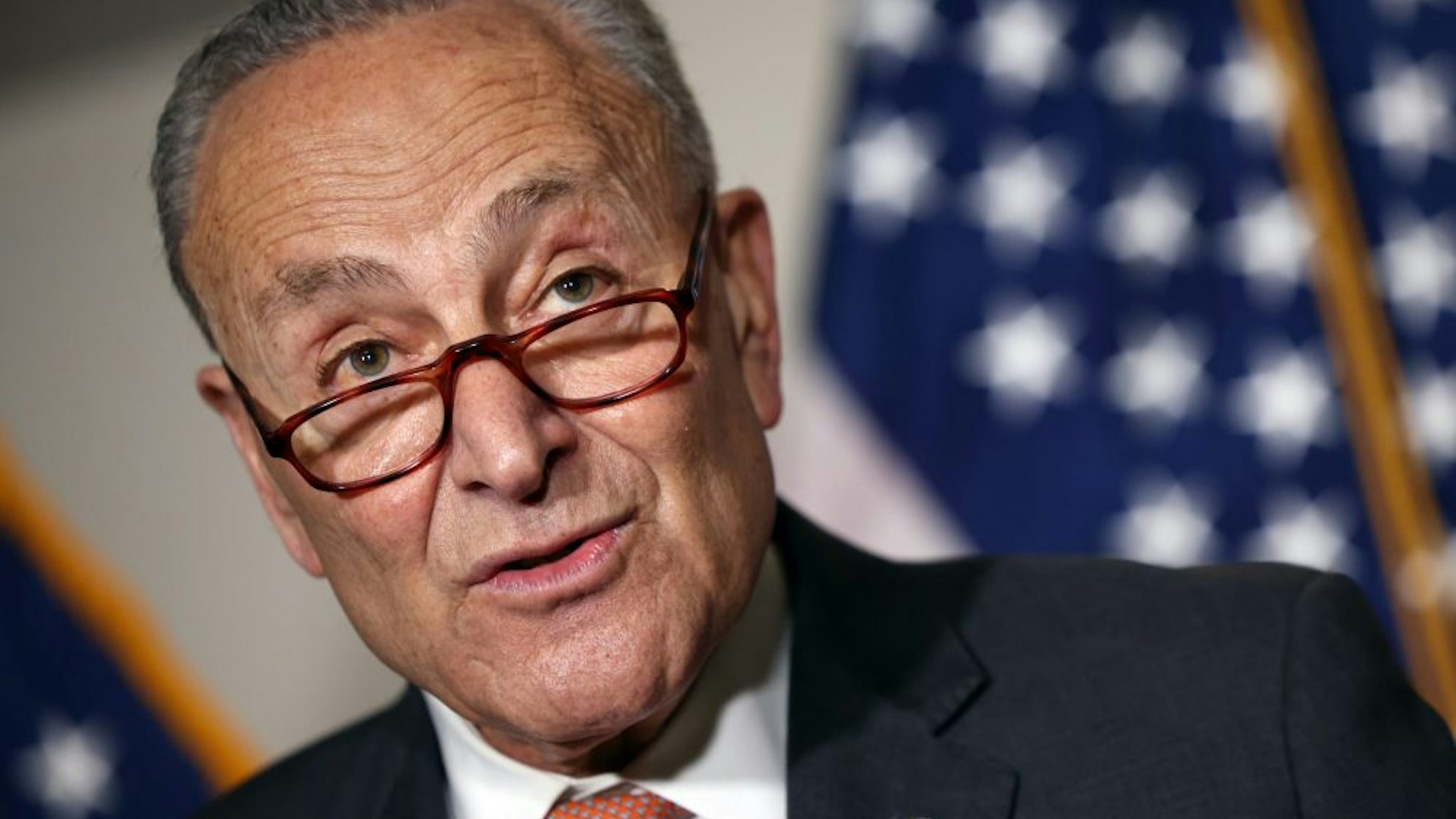 WASHINGTON, DC - JUNE 08: Senate Majority Leader Charles Schumer (D-NY) speaks at a press conference following a Senate Democratic luncheon on Capitol Hill on June 08, 2021 in Washington, DC. Schumer spoke on the equal pay, infrastructure and Democratic judicial nominees.