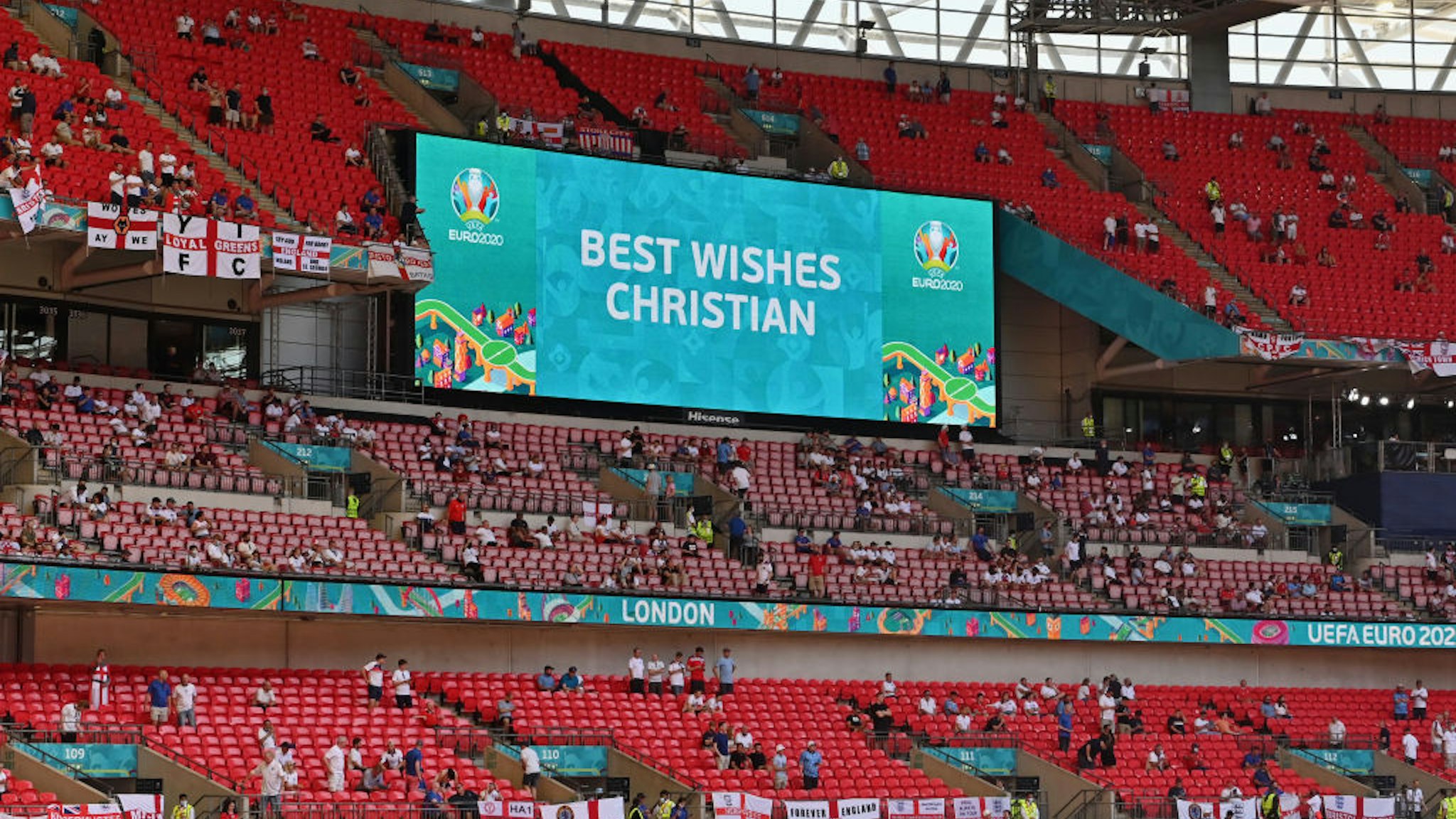 LONDON, ENGLAND - JUNE 13: A detailed view of the LED screen inside the stadium which shows a message of support for Christian Eriksen of Denmark (not pictured) prior to the UEFA Euro 2020 Championship Group D match between England and Croatia at Wembley Stadium on June 13, 2021 in London, England. (Photo by Justin Tallis - Pool/Getty Images )