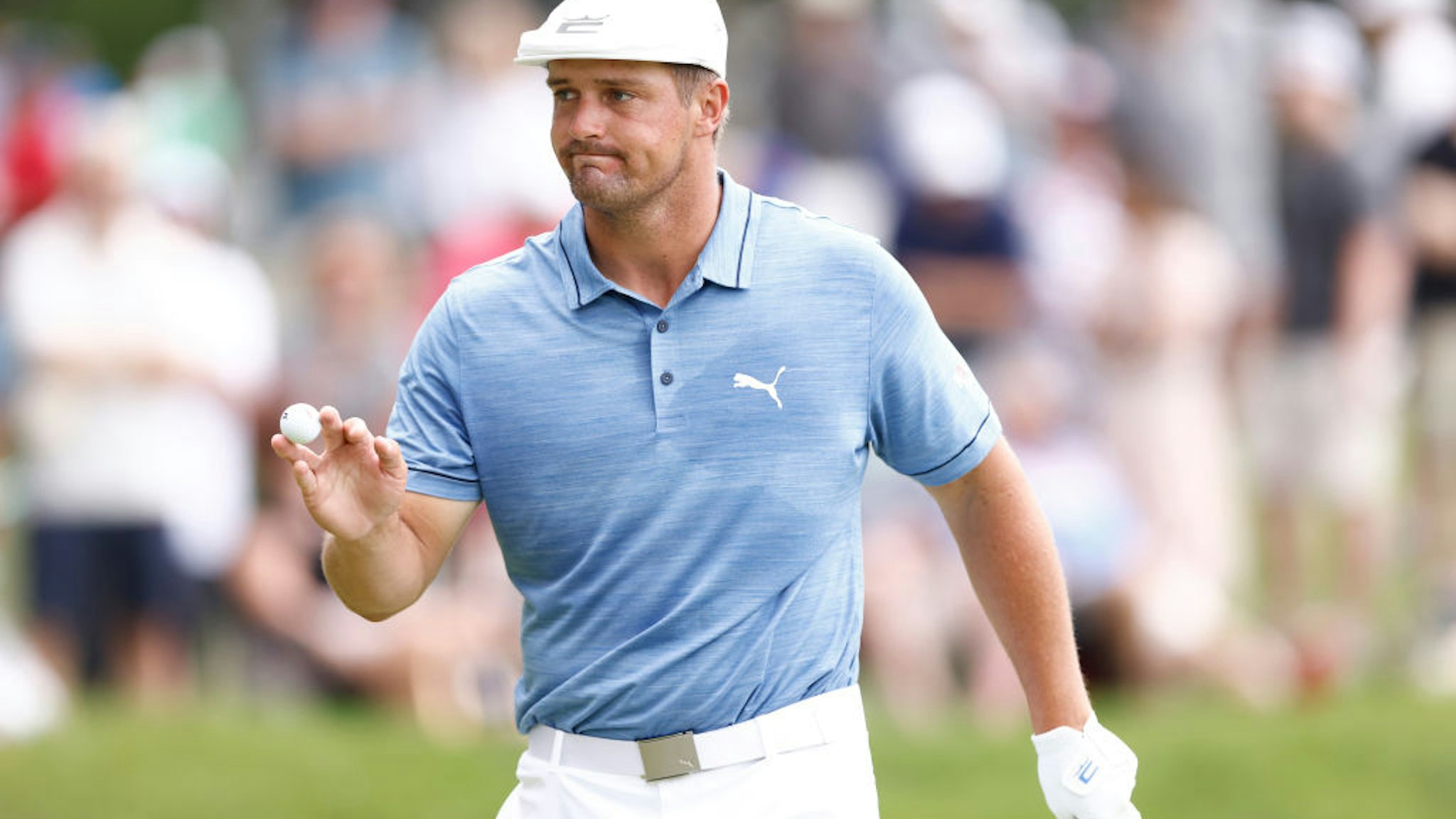 CROMWELL, CONNECTICUT - JUNE 26: Bryson DeChambeau of the United States reacts to his putt on the seventh green during the third round of the Travelers Championship at TPC River Highlands on June 26, 2021 in Cromwell, Connecticut. (Photo by Michael Reaves/Getty Images)