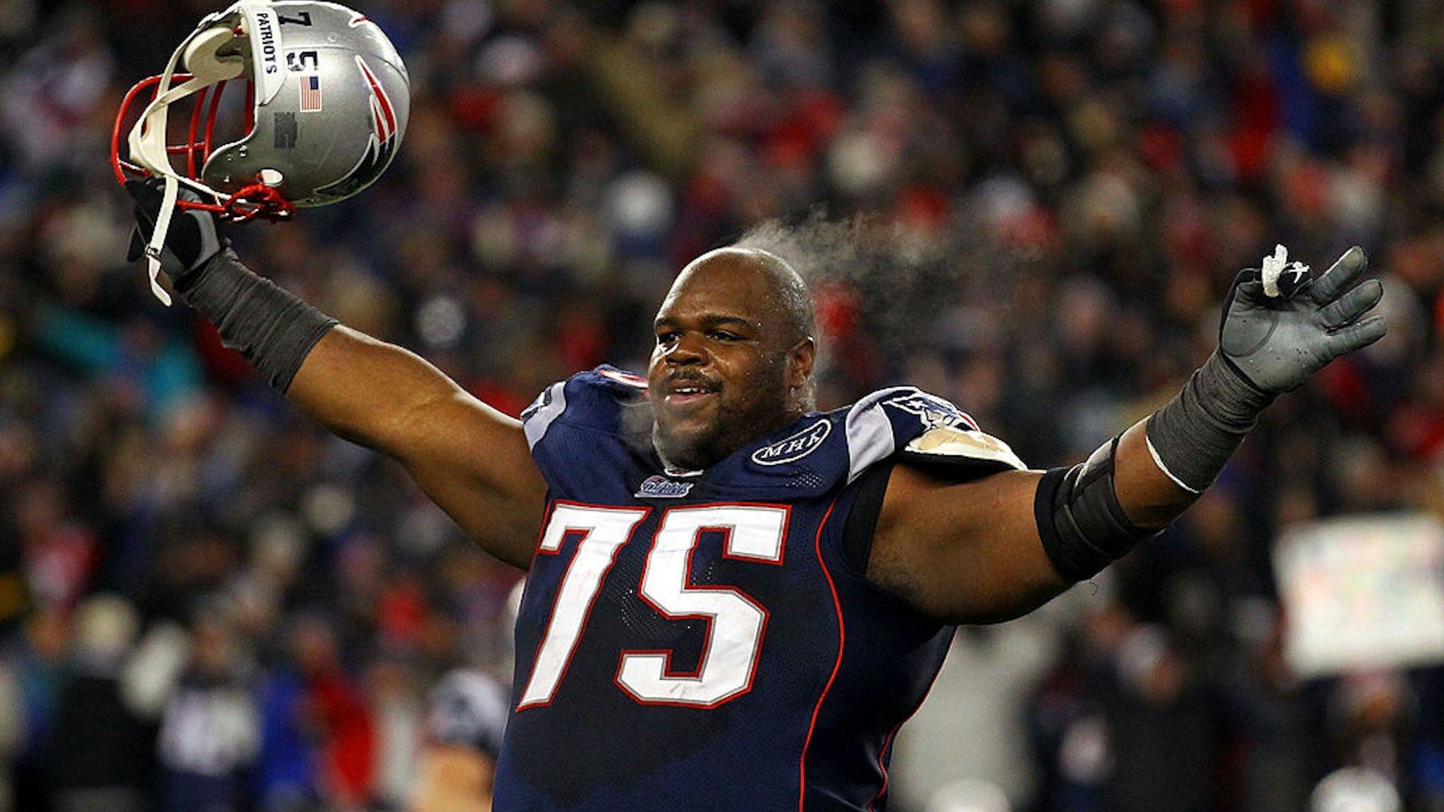 FOXBORO, MA - JANUARY 22: Vince Wilfork #75 of the New England Patriots celebrates after defeating the Baltimore Ravens in the AFC Championship Game at Gillette Stadium on January 22, 2012 in Foxboro, Massachusetts. The New England Patriots defeated the Baltimore Ravens 20-23. (Photo by Al Bello/Getty Images)