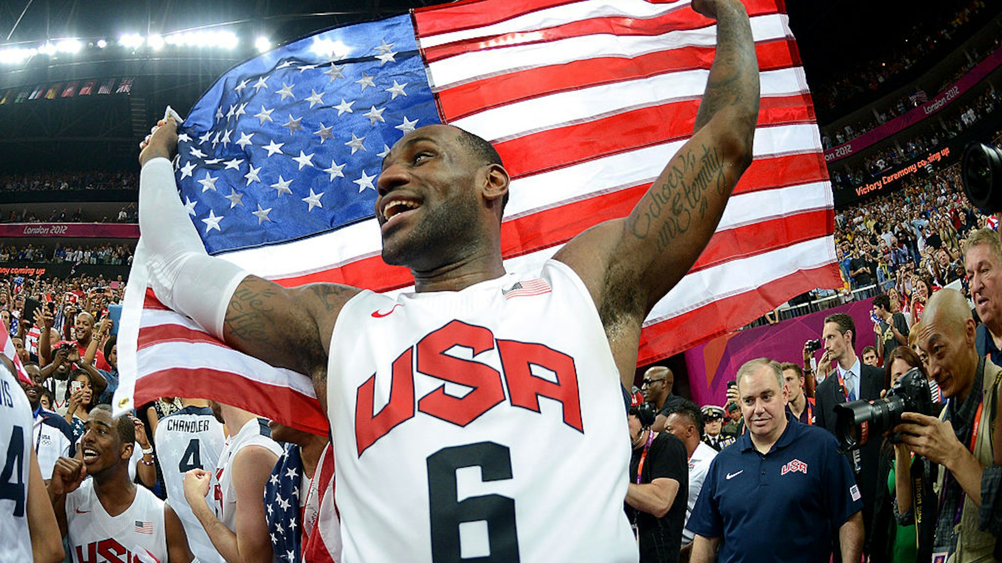 LONDON, ENGLAND - AUGUST 12: LeBron James #6 of the United States celebrates winning the Men's Basketball gold medal game between the United States and Spain on Day 16 of the London 2012 Olympics Games at North Greenwich Arena on August 12, 2012 in London, England. (Photo by Harry How/Getty Images)