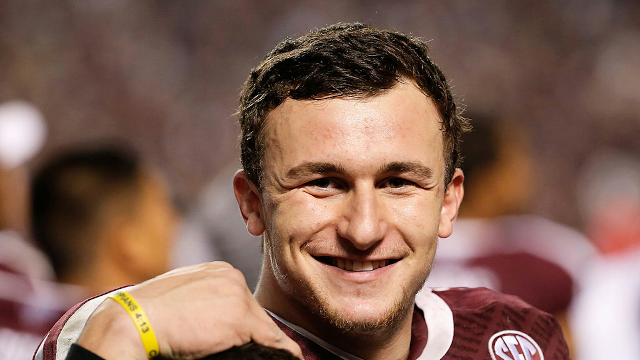 COLLEGE STATION, TX - NOVEMBER 09: Johnny Manziel #2 of the Texas A&amp;M Aggies waits near the bench late in the fourth quarter during the game against the Mississippi State Bulldogs at Kyle Field on November 9, 2013 in College Station, Texas. (Photo by Scott Halleran/Getty Images)