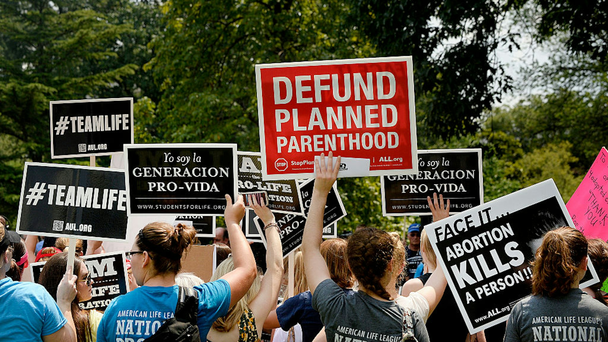 WASHINGTON, DC - JULY 28: Anti-abortion activists hold a rally opposing federal funding for Planned Parenthood in front of the U.S. Capitol on July 28, 2015 in Washington, DC. Sen. Rand Paul (R-KY) announced a Senate deal to vote on legislation to defund Planned Parenthood before the Senate goes into recess in August.