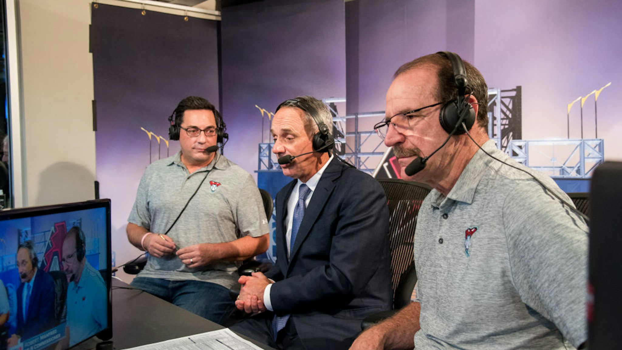 PHOENIX, AZ - JUNE 06: MLB Commissioner Rob Manfred makes an appearance on FOX Sports Arizona's TV broadcast with Steve Berthiaume and Bob Brenly during a game against the Arizona Diamondbacks and San Diego Padres at Chase Field on June 6, 2017 in Phoenix, Arizona. (Photo by Sarah Sachs/Arizona Diamondbacks/Getty Images)