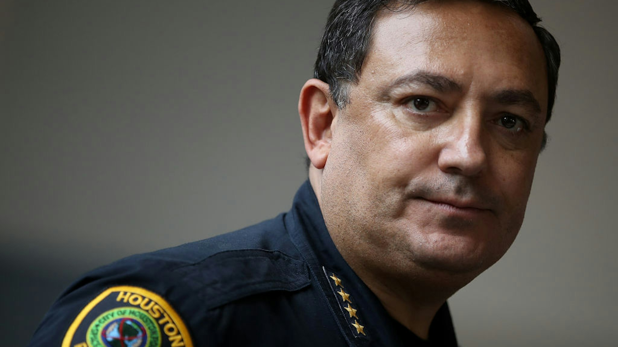 HOUSTON, TX - SEPTEMBER 04: Houston police chief Art Acevedo looks on during a press conference following a tour of the NRG Center evacuation center on September 4, 2017 in Houston, Texas. Over a week after Hurricane Harvey hit Southern Texas, residents are beginning the long process of recovering from the storm. (Photo by Justin Sullivan/Getty Images)