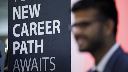 Inside A TechFair LA Career Fair Ahead Of Initial Jobless Claims A sign reading "New Career Paths" is displayed during the TechFair LA career fair in Los Angeles, California, U.S., on Thursday, March 8, 2018. The U.S. Department of Labor is scheduled to release initial jobless claims on March 15. Photographer: Patrick T. Fallon/Bloomberg via Getty Images