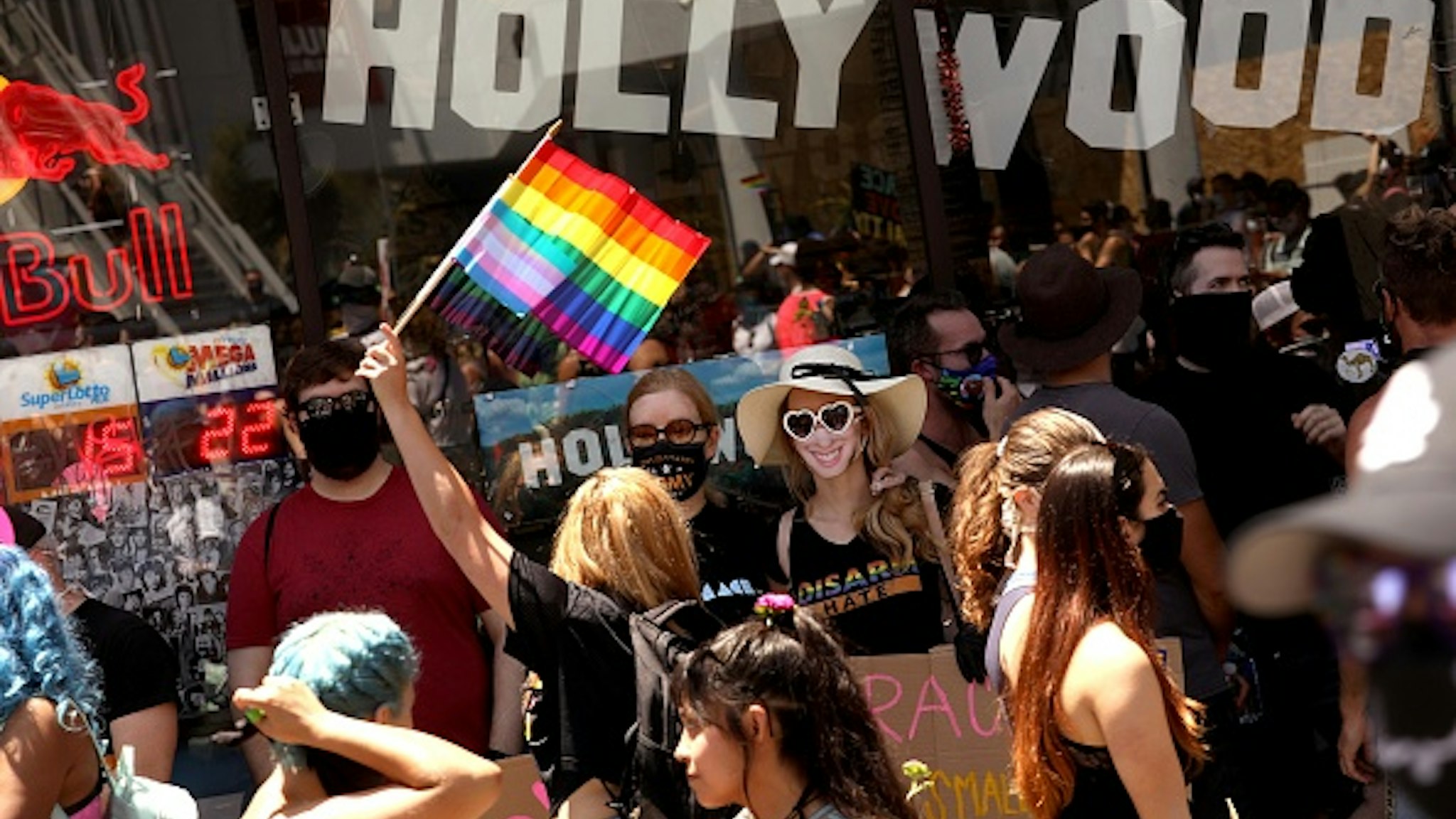 HOLLYWOOD, CA - JUNE 14, 2020 - - Thousands participate in the All Black Lives Matter solidarity march to mark LGBTQ Pride Month along Hollywood Blvd. in Hollywood on June 14, 2020. The march also honored Tony McDade, a transgender man killed by Tallahassee Police Department officers on May 27. The march is in solidarity with the Black Lives Matter movement and highlight the contributions of people of color who were instrumental in organizing the LGBT movement, such as Marsha P. Johnson and Sylvia Rivera. The procession started on Hollywood Boulevard at Highland Avenue in Hollywood.