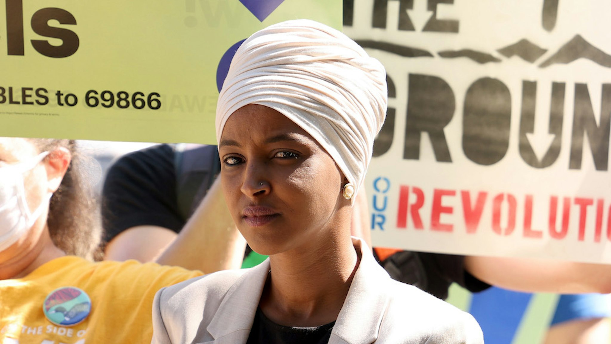 WASHINGTON, DC - JUNE 29: Rep. Ilhan Omar (D-MN) speaks at an “End Fossil Fuel” rally near the U.S. Capitol on June 29, 2021 in Washington, DC. Organized by Our Revolution, demonstrators called on Congress to take action in ending fossil fuel subsidies. (Photo by Anna Moneymaker/Getty Images)