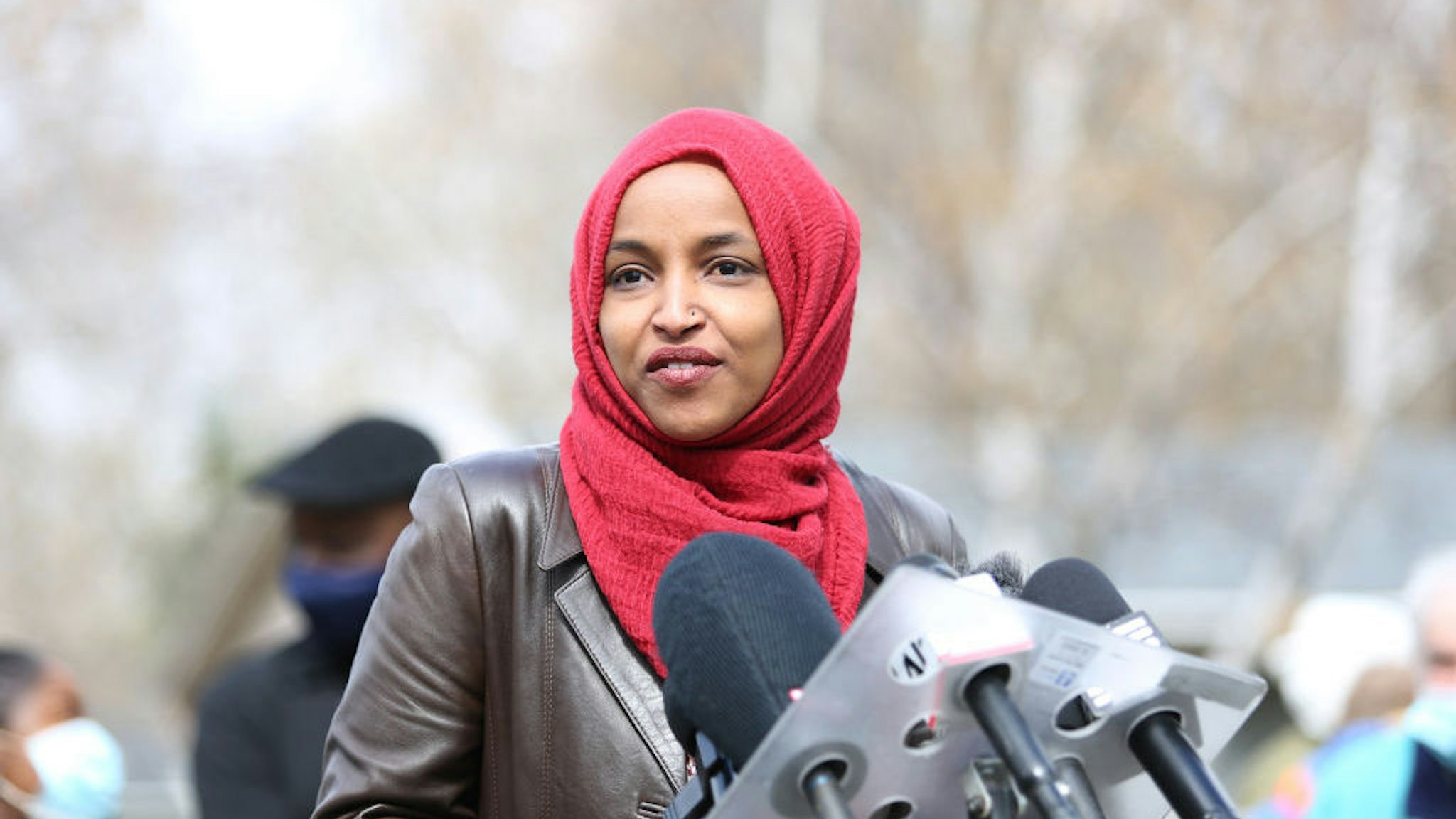 Representative Ilhan Omar, a Democrat from Minnesota, speaks during a press conference near the site of Daunte Wright's death in Brooklyn Center, Minnesota, U.S., on Tuesday, April 20, 2021. The case of the former Minneapolis police officer accused of killing George Floyd went to the jury after Derek Chauvin's defense attorney said the viral video of him kneeling on Floyd's neck and back doesn't tell the entire story. Photographer: Emilie Richardson/Bloomberg