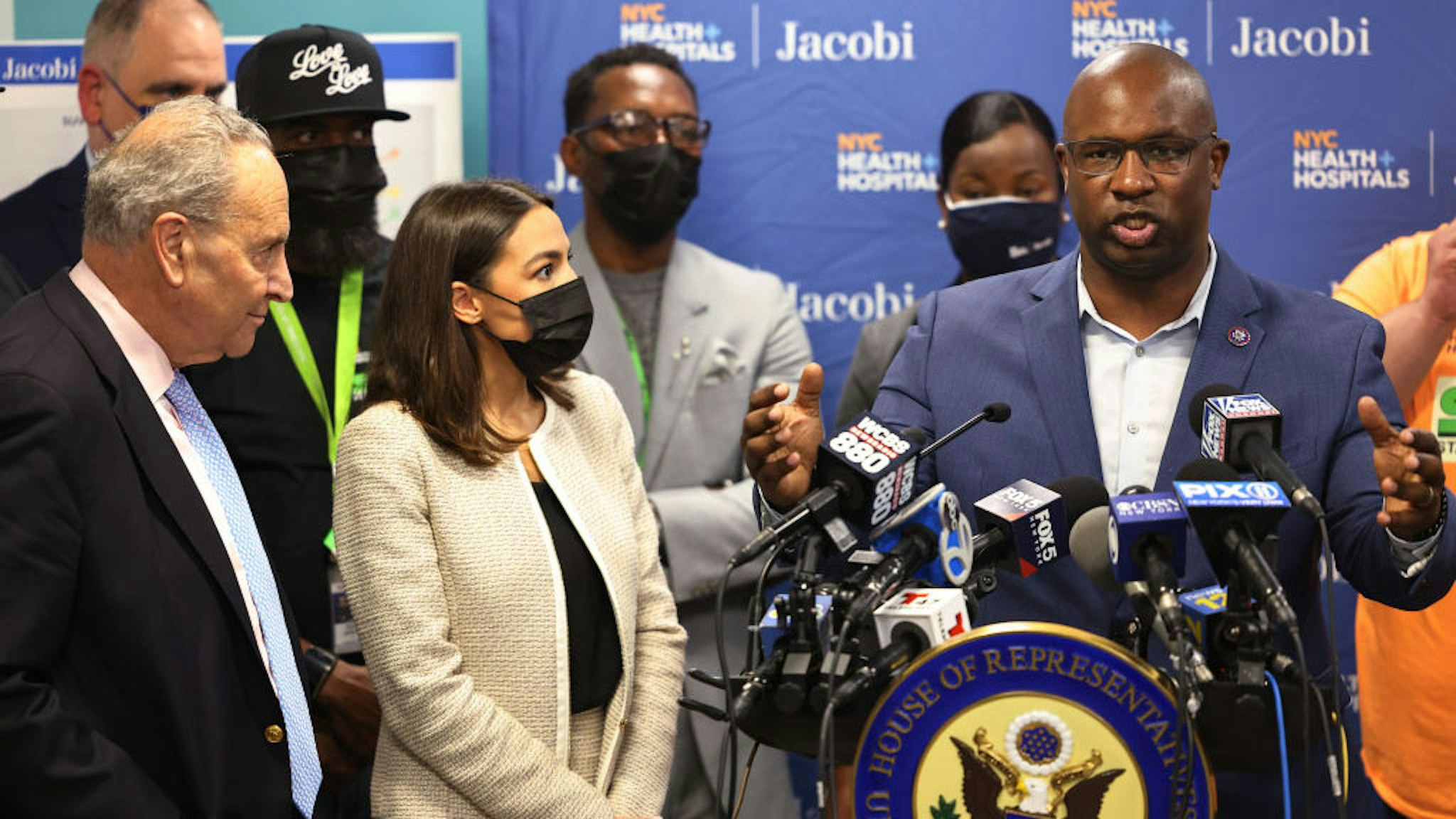 NEW YORK, NEW YORK - JUNE 03: Rep. Jamaal Bowman (D-NY) answers a question during a press conference at Jacobi Hospital in the Morris Park neighborhood on June 03, 2021 in the Bronx borough of New York City. Senate Majority Leader Chuck Schumer (D-NY), joined by Rep. Alexandria Ocasio-Cortez (D-NY) and Rep. Jamaal Bowman (D-NY), held a press conference urging Congress to provide $400,000 to Jacobi Hospital's Stand Up to Violence (SUV) Program, a youth violence reduction program, on the heels of a Memorial Day weekend that saw a total of nine shootings across NYC. One of the victims was a 15-year old Bronx resident. The program is modeled after Chicago's Cure Violence program that responds to shootings to help prevent retaliation and to assists family members of those who have been injured or killed. The money would allow Stand Up to Violence (SUV) Program to add an emergency room social worker, case worker, part time psychiatrist and a creative arts or music therapist.