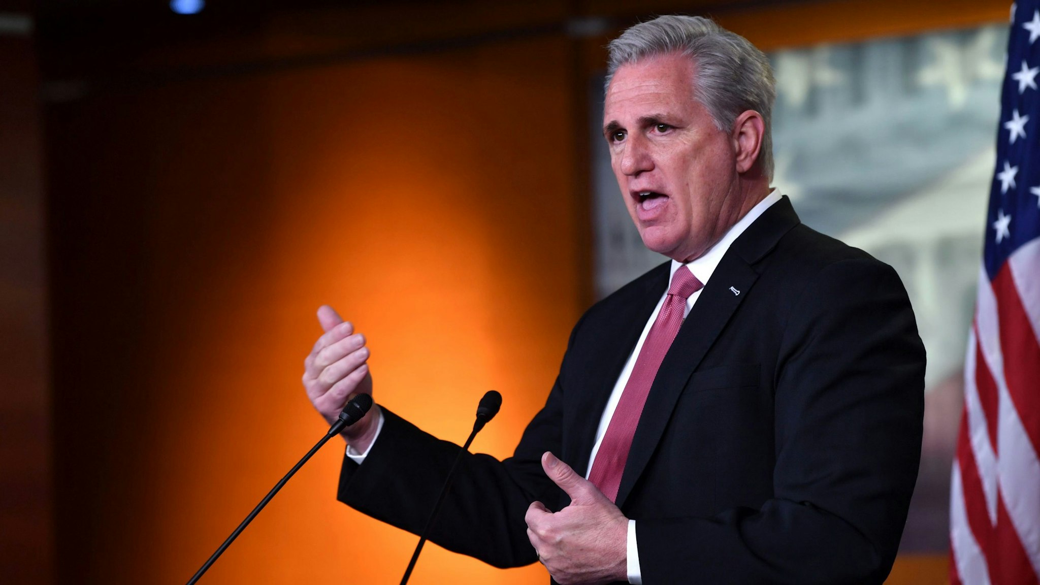 US House Minority Leader, Kevin McCarthy, Republican of California, speaks during his weekly press briefing on Capitol Hill in Washington, DC, on January 21, 2021.