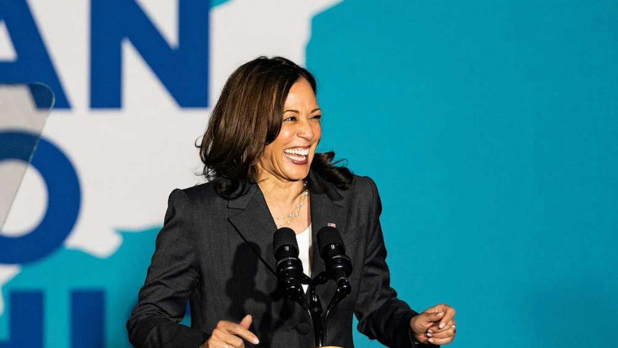 US Vice President Kamala Harris reacts to cheers as she arrives to deliver remarks at a Covid-19 vaccination mobilization event at Clark Atlanta University in Atlanta, Georgia on June 18, 2021. - Harris is in Atlanta to attend Covid-19 vaccination events and a voting rights conversation with community leaders. (Photo by ALEX EDELMAN / AFP) (Photo by ALEX EDELMAN/AFP via Getty Images)
