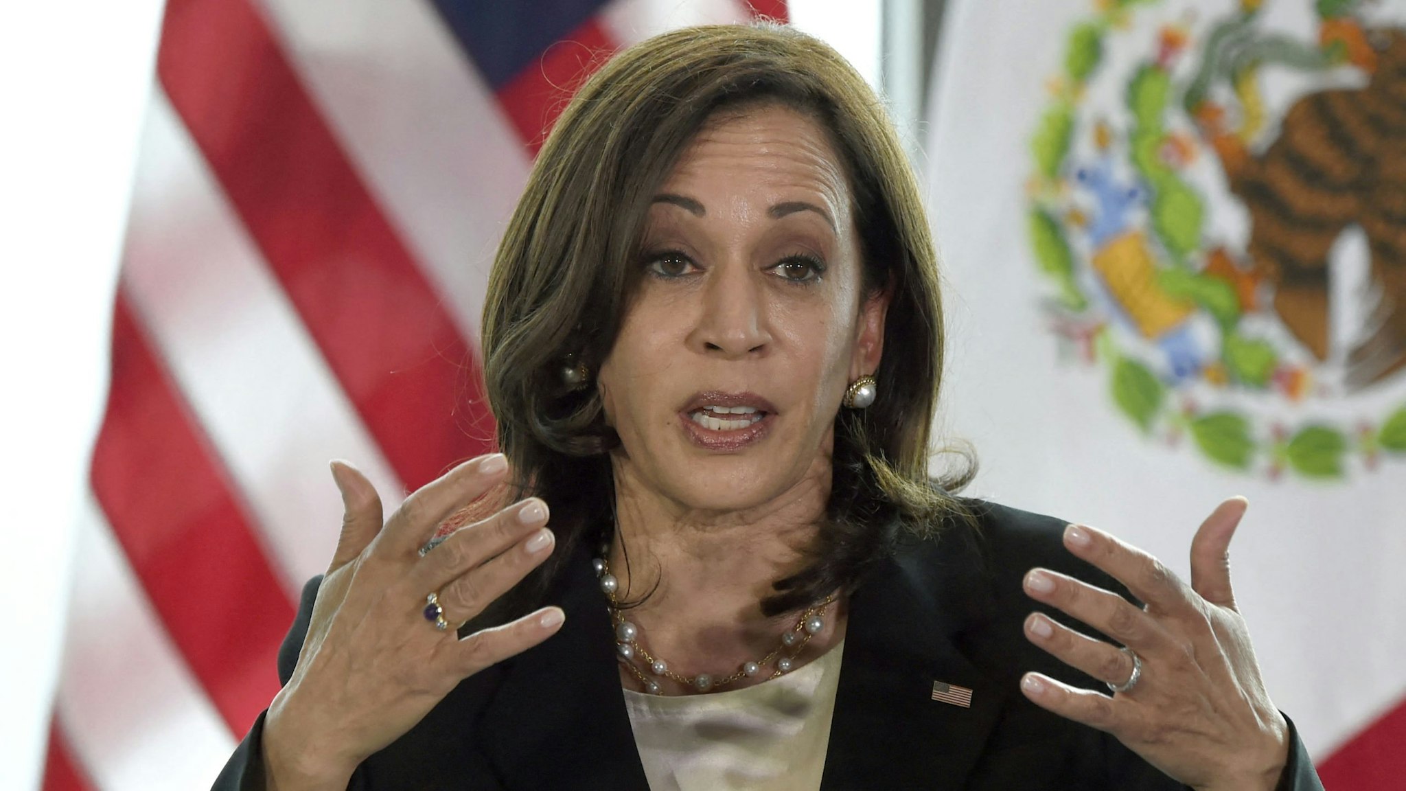 US Vice President Kamala Harris speaks during a press conference in Mexico City, on June 8, 2021. - US Vice President Kamala Harris held talks with Mexican President Andres Manuel Lopez Obrador Tuesday during a visit to the region aimed at tackling the "root causes" of a surge in migrant arrivals.