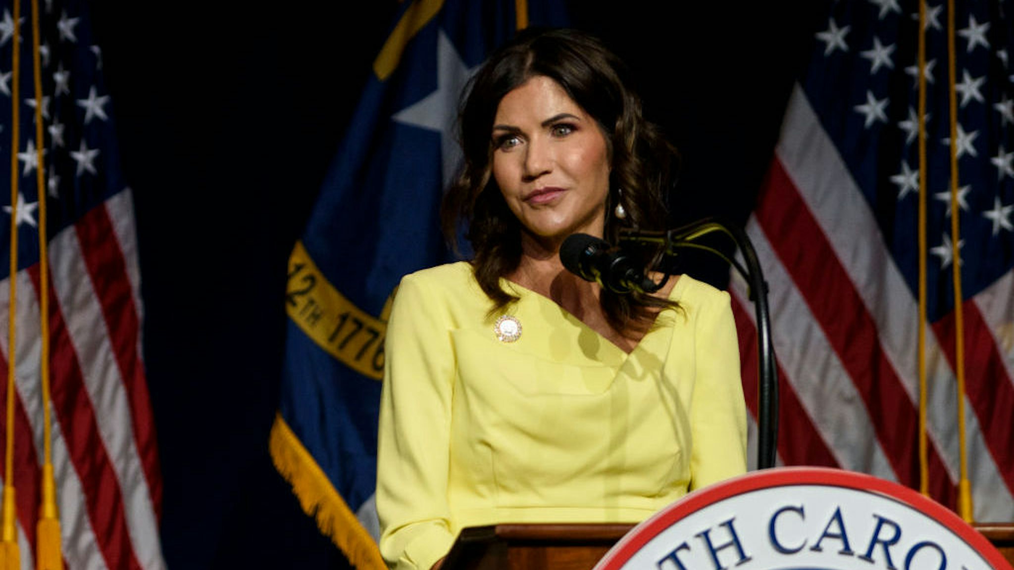 GREENVILLE, NC - JUNE 05: South Dakota Gov. Kristi Noem speaks to attendees at the NCGOP convention on June 5, 2021 in Greenville, North Carolina. (Photo by Melissa Sue Gerrits/Getty Images)