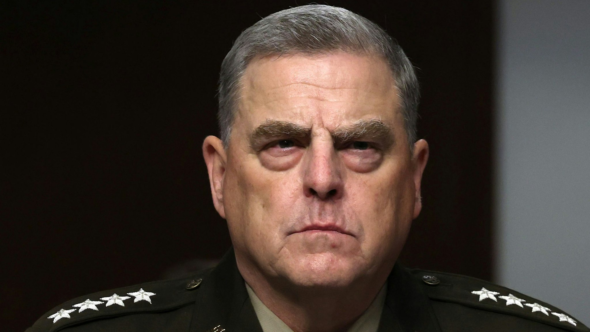 WASHINGTON, DC - JUNE 10: Chairman of the Joint Chiefs of Staff Gen. Mark Milley listens during a Senate Armed Services Committee hearing on Capitol Hill on June 10, 2021 in Washington, DC. The hearing was held to discuss the Defense Department’s Fiscal Year 2022 budget proposal.